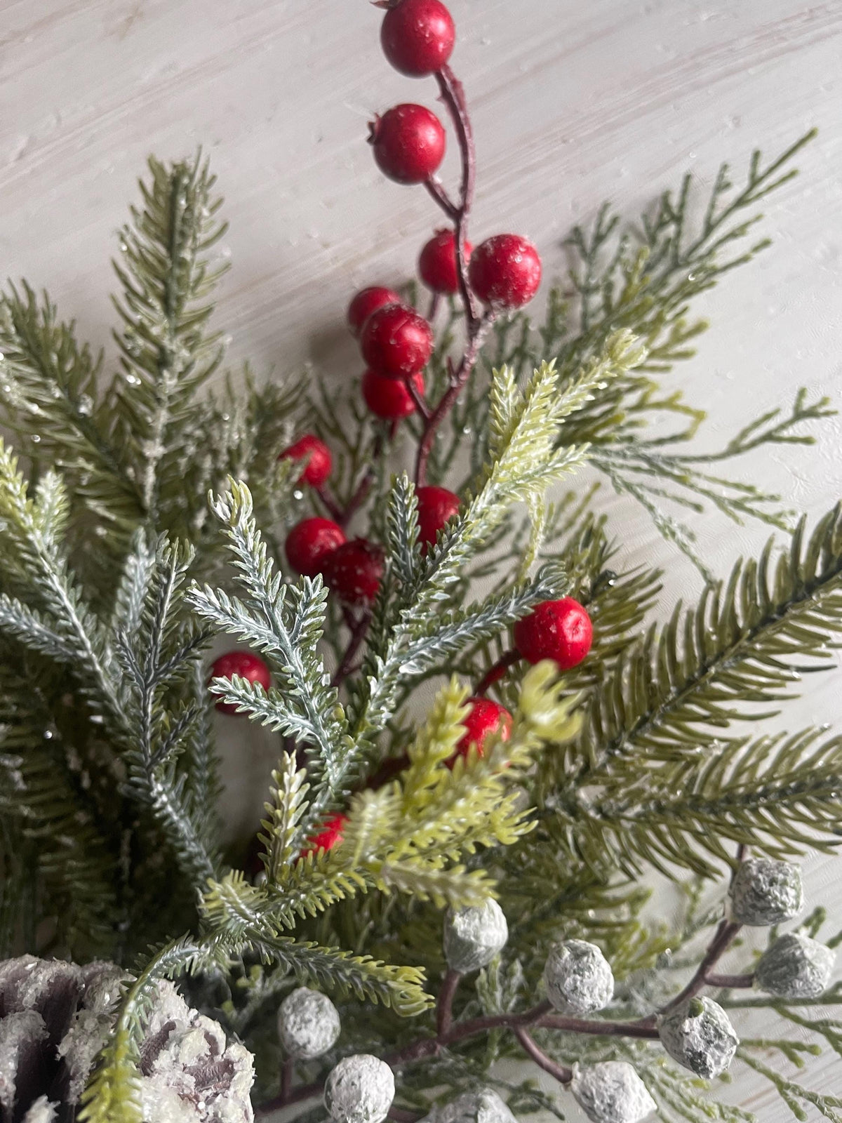 Snow Covered Pine Pick: Red Berries, Christmas Winter Wreath Supply