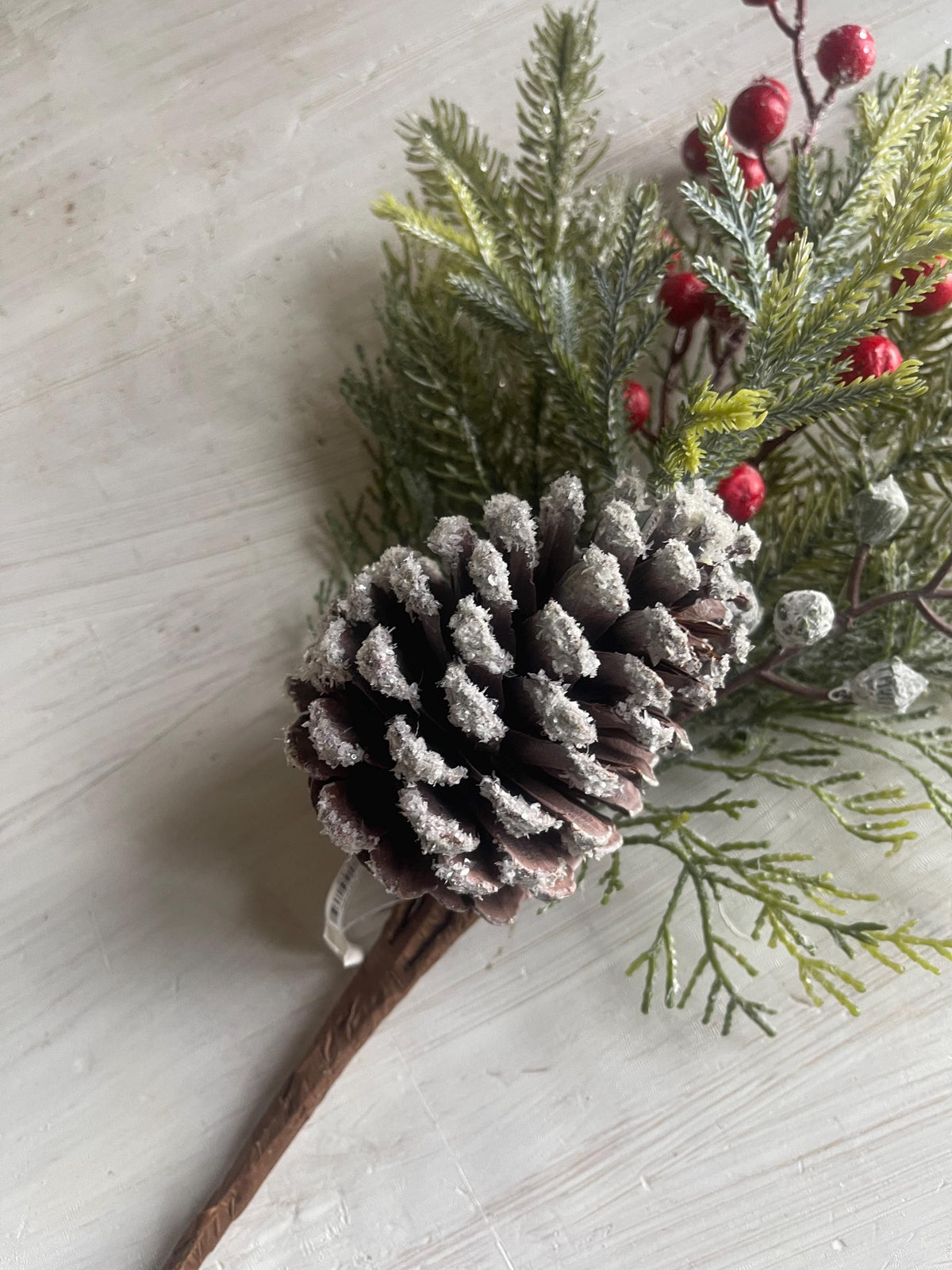 Snow Covered Pine Pick: Red Berries, Christmas Winter Wreath Supply