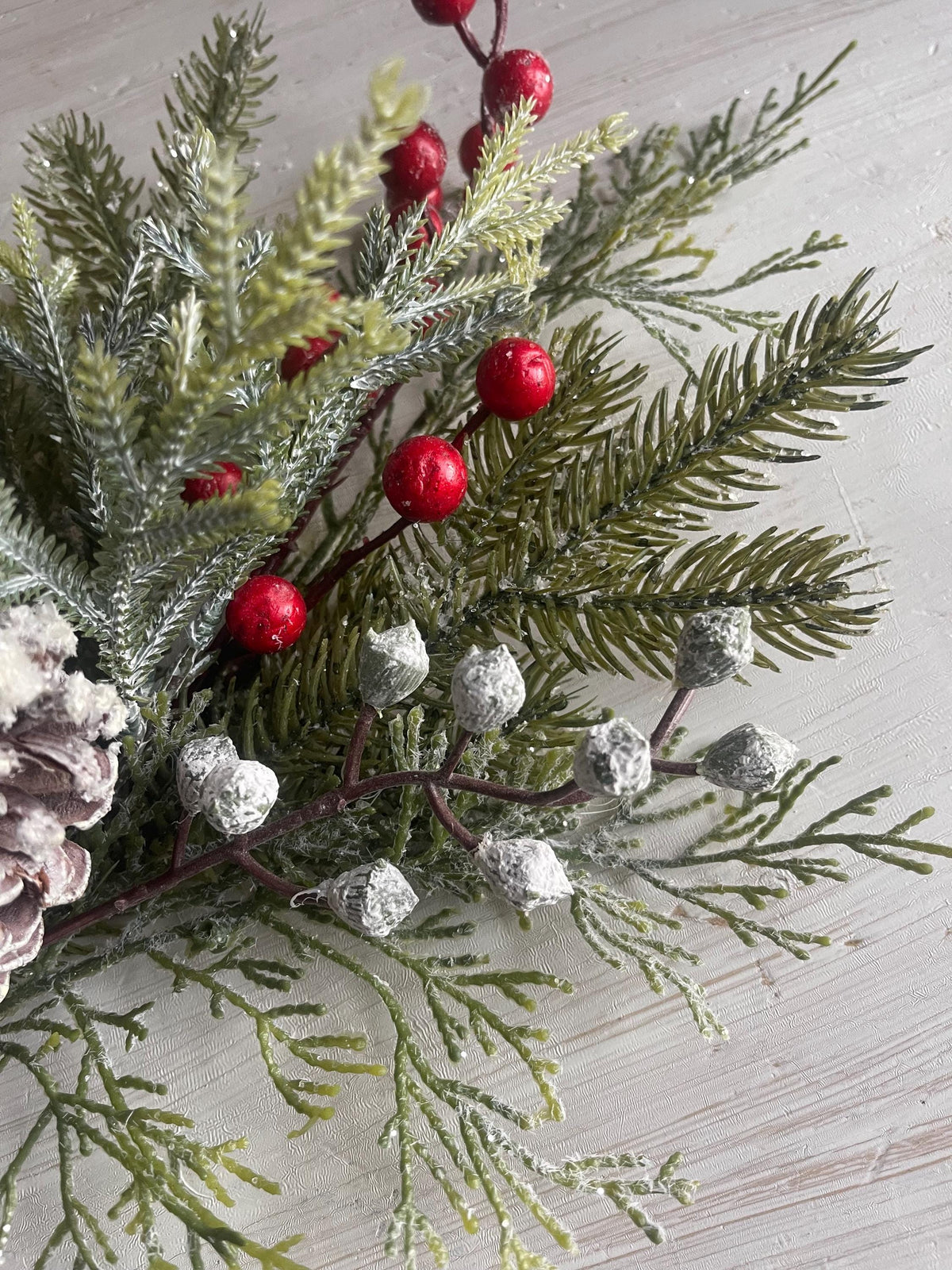 Snow Covered Pine Pick: Red Berries, Christmas Winter Wreath Supply