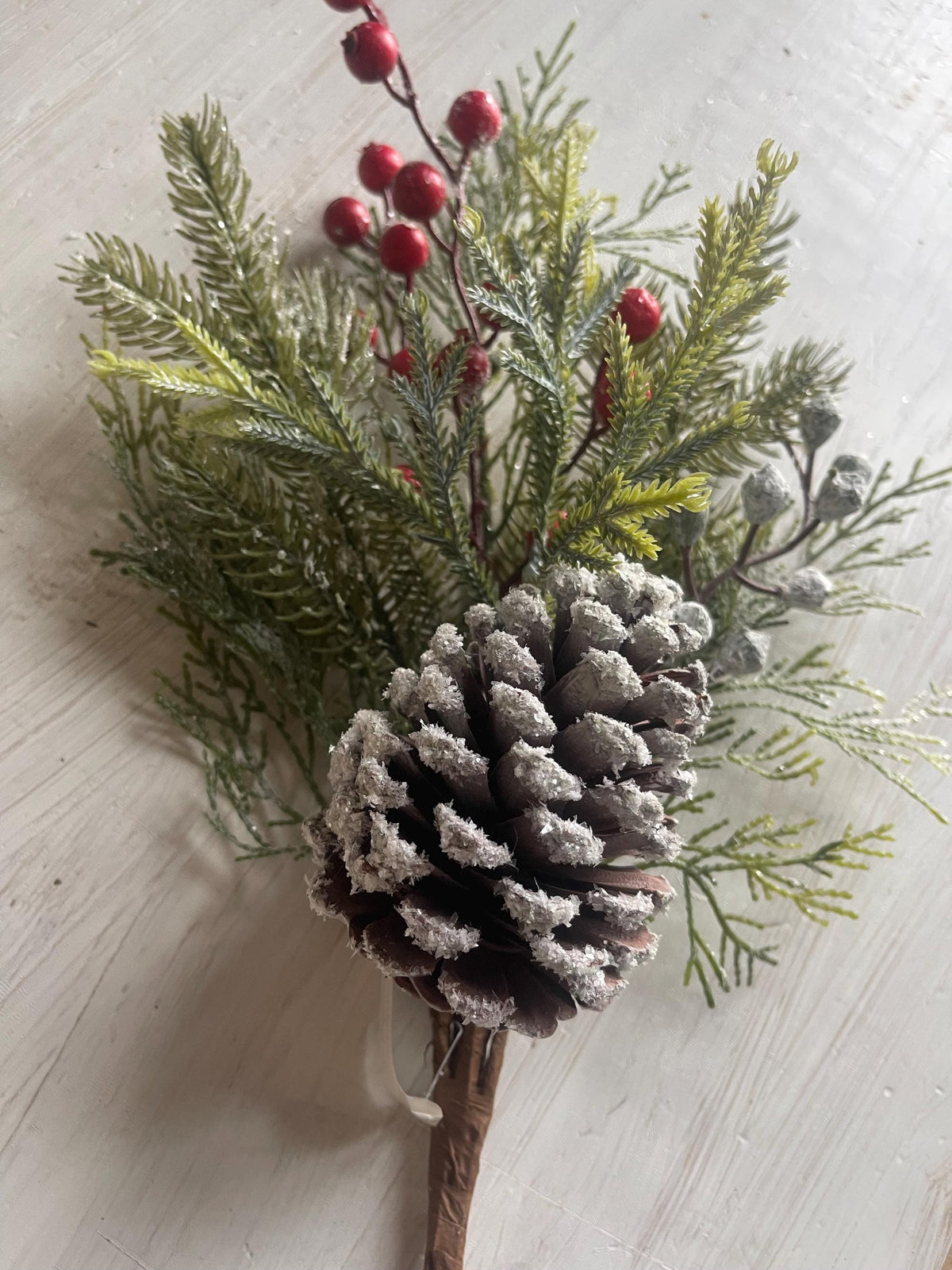 Snow Covered Pine Pick: Red Berries, Christmas Winter Wreath Supply