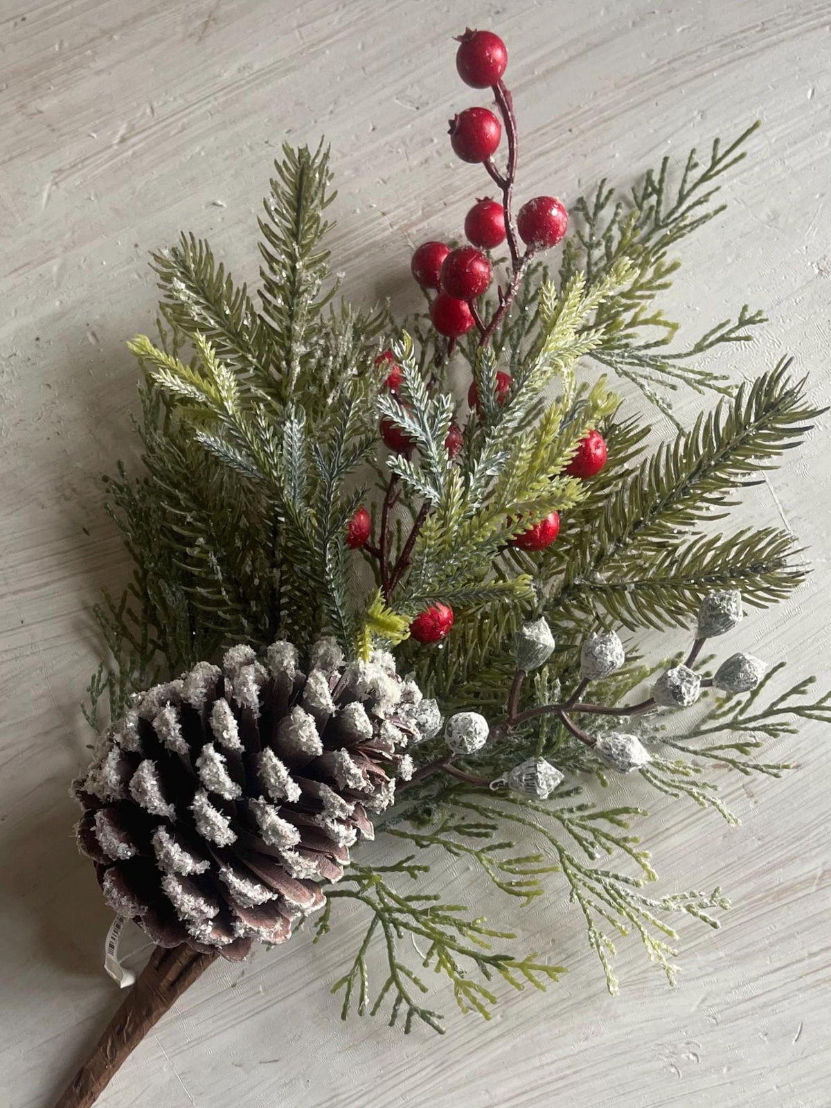 Snow Covered Pine Pick: Red Berries, Christmas Winter Wreath Supply