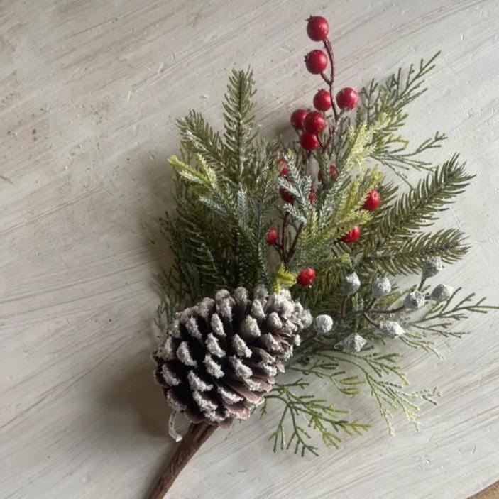 Snow Covered Pine Pick: Red Berries, Christmas Winter Wreath Supply