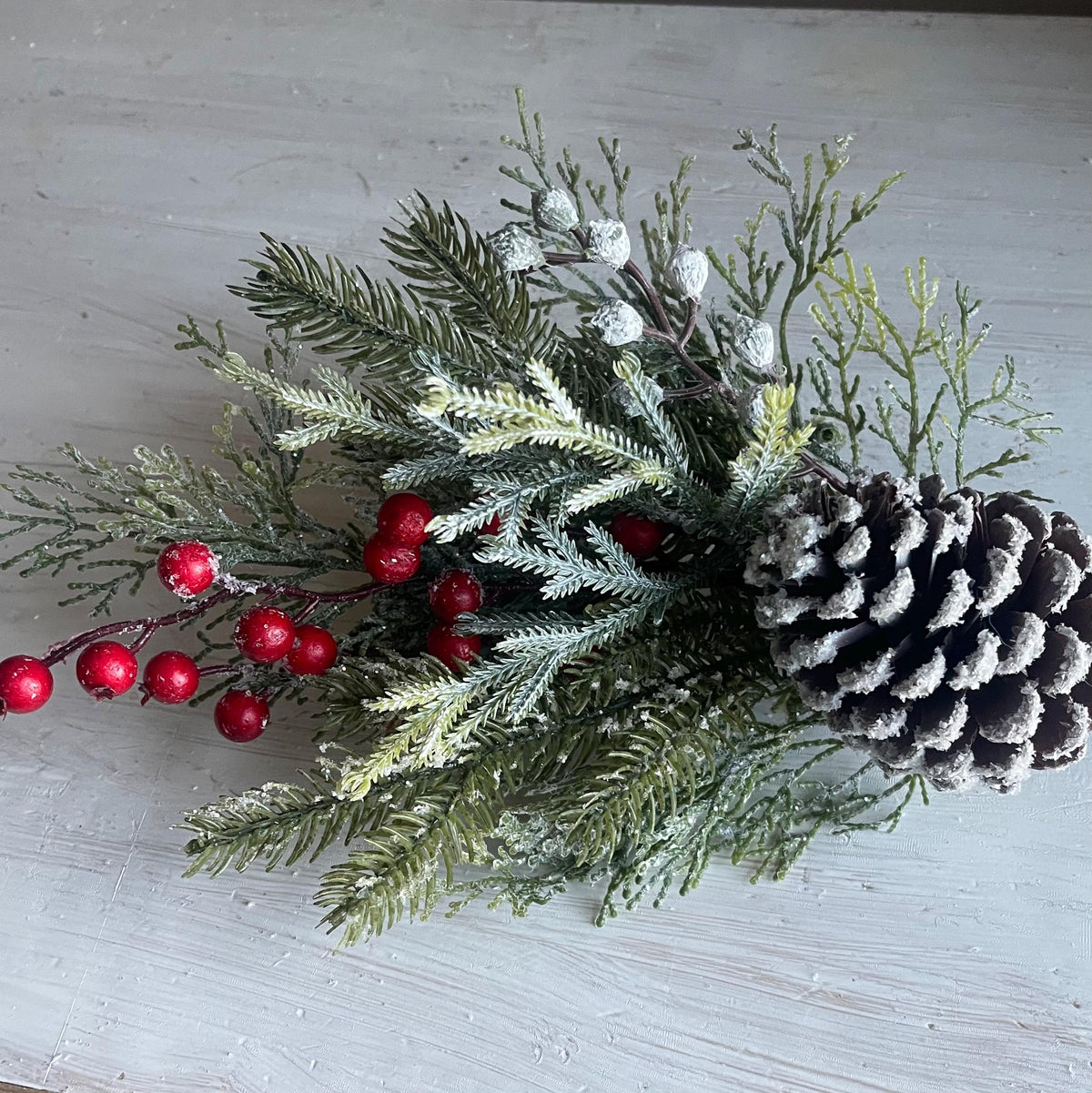 Snow Covered Pine Pick: Red Berries, Christmas Winter Wreath Supply