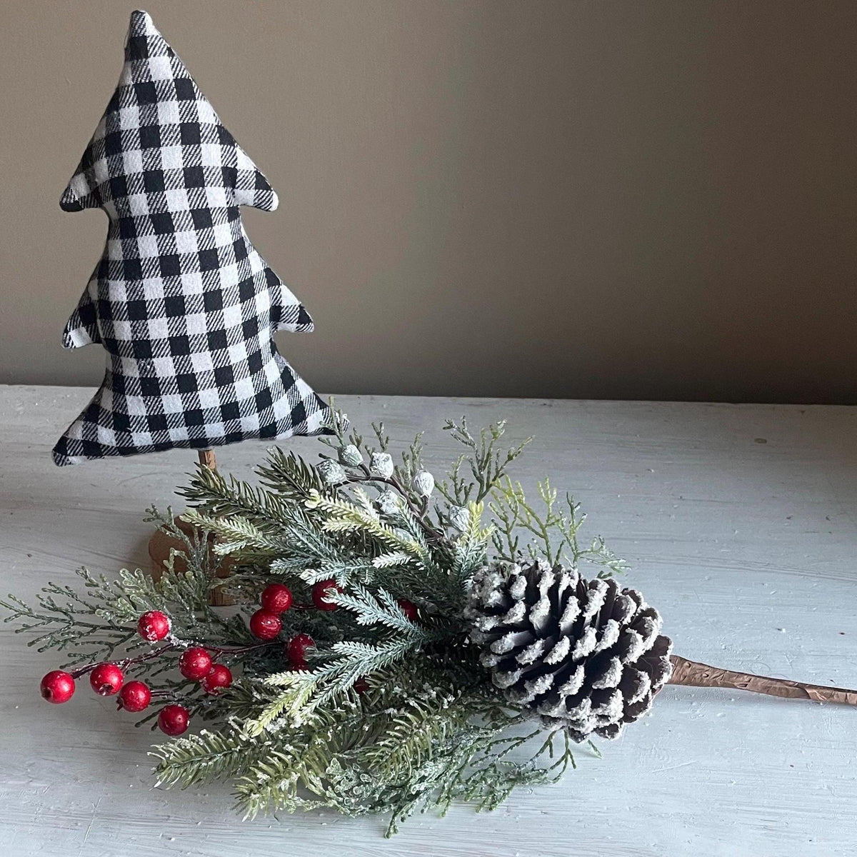 Snow Covered Pine Pick: Red Berries, Christmas Winter Wreath Supply