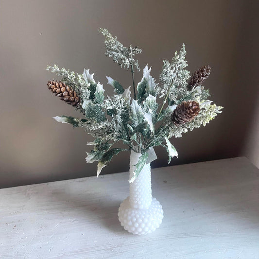 Snow Covered Pine & Holly Pick: 12-inch Christmas Greenery