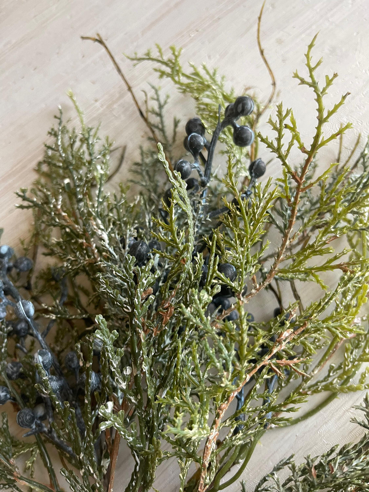 Snow Covered Cedar Pick with Blue Berries - Winter Greenery