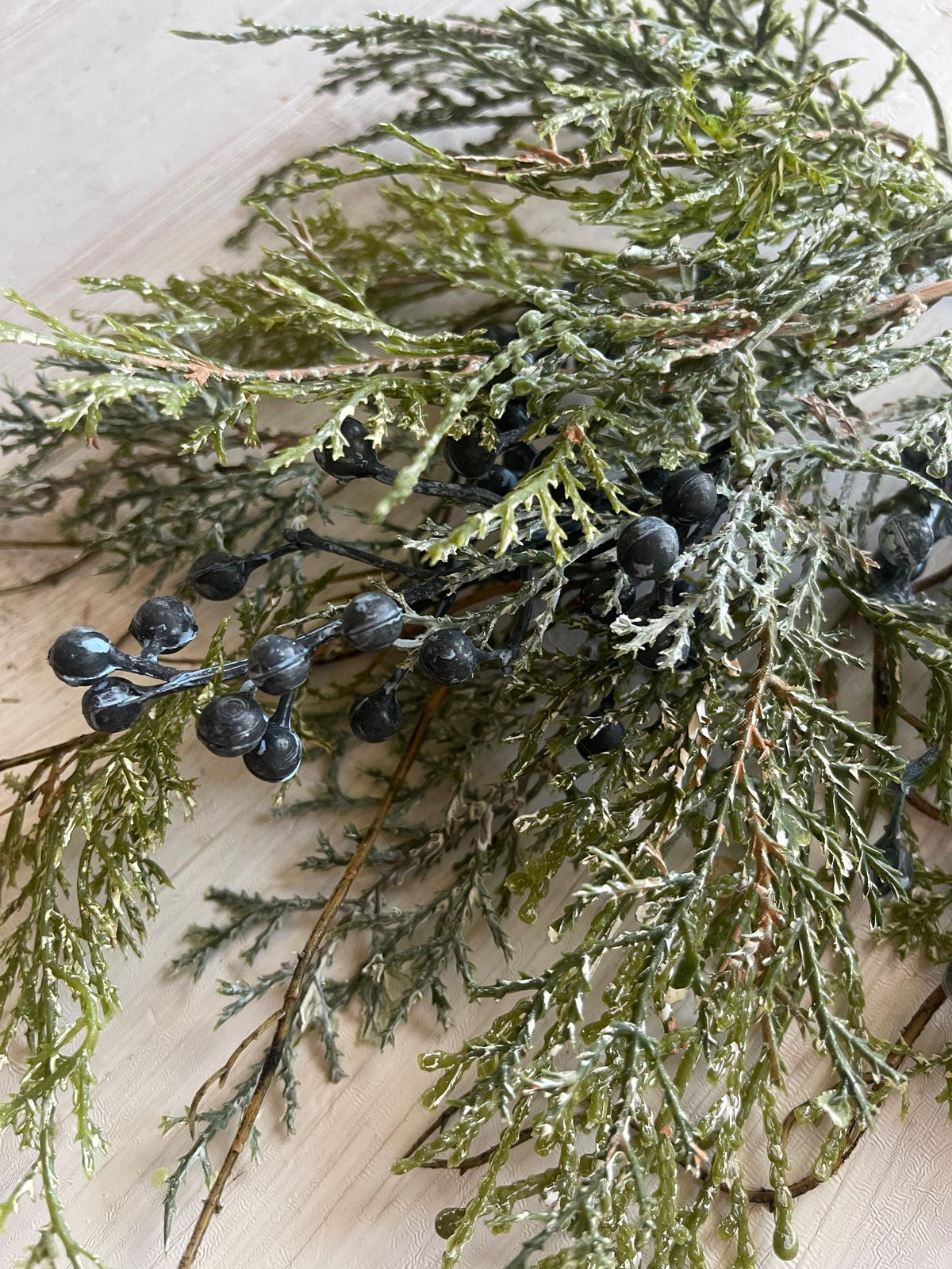 Snow Covered Cedar Pick with Blue Berries - Winter Greenery