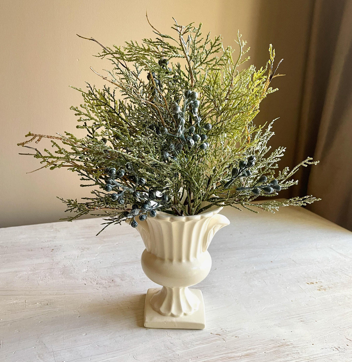 Snow Covered Cedar Pick with Blue Berries - Winter Greenery