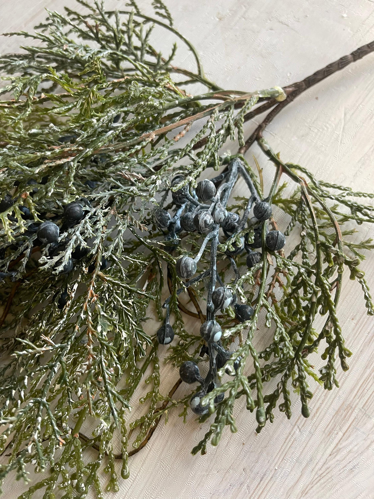 Snow Covered Cedar Pick with Blue Berries - Winter Greenery