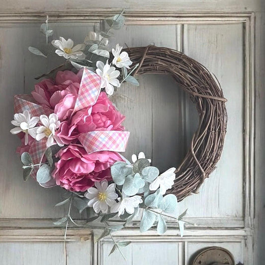 Pink & Plaid Spring Peony Wreath - Farmhouse Easter Decor