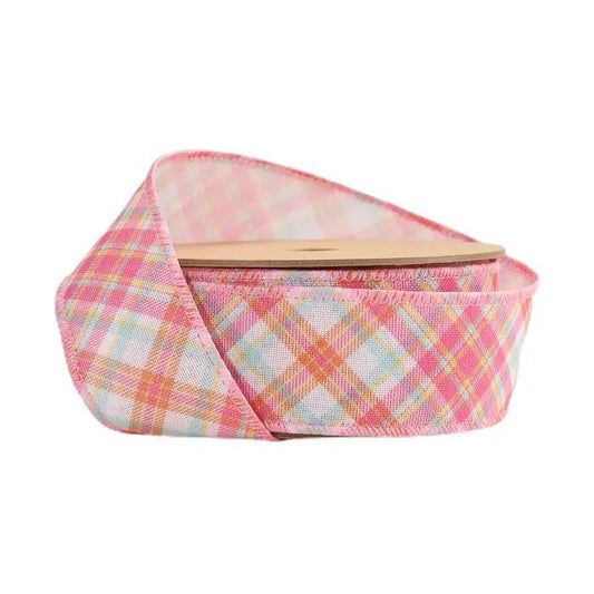 Pink Plaid Bias 1.5 Inch Spring Ribbon - Easter Ribbon