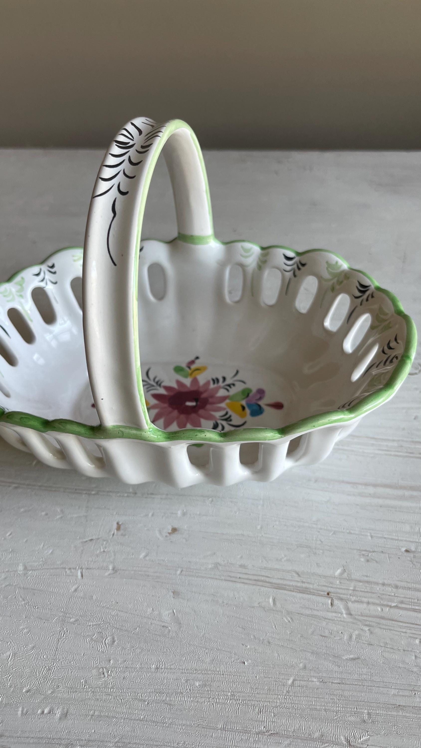 Vintage Portuguese Pottery Basket | Hand-Painted Ceramic Basket