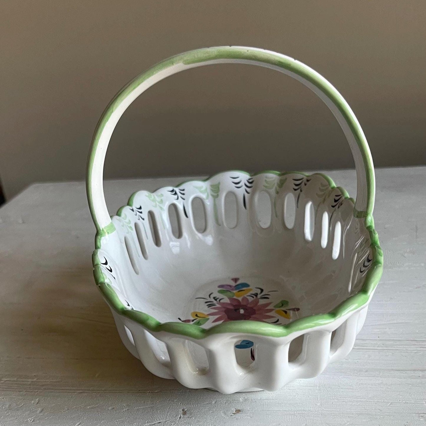 Vintage Portuguese Pottery Basket | Hand-Painted Ceramic Basket