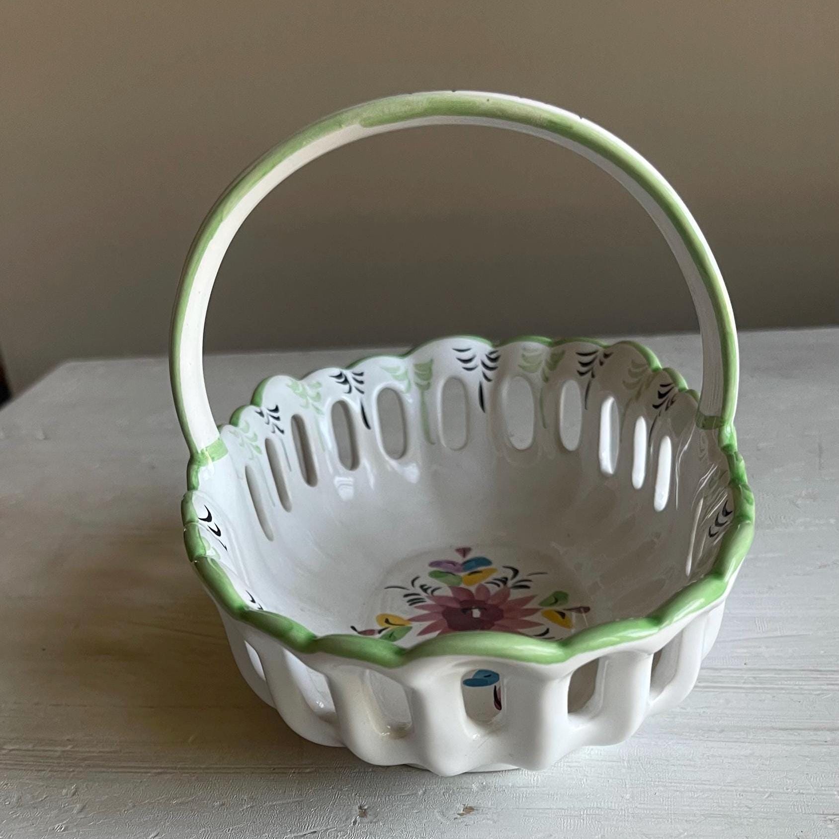 Vintage Portuguese Pottery Basket | Hand-Painted Ceramic Basket