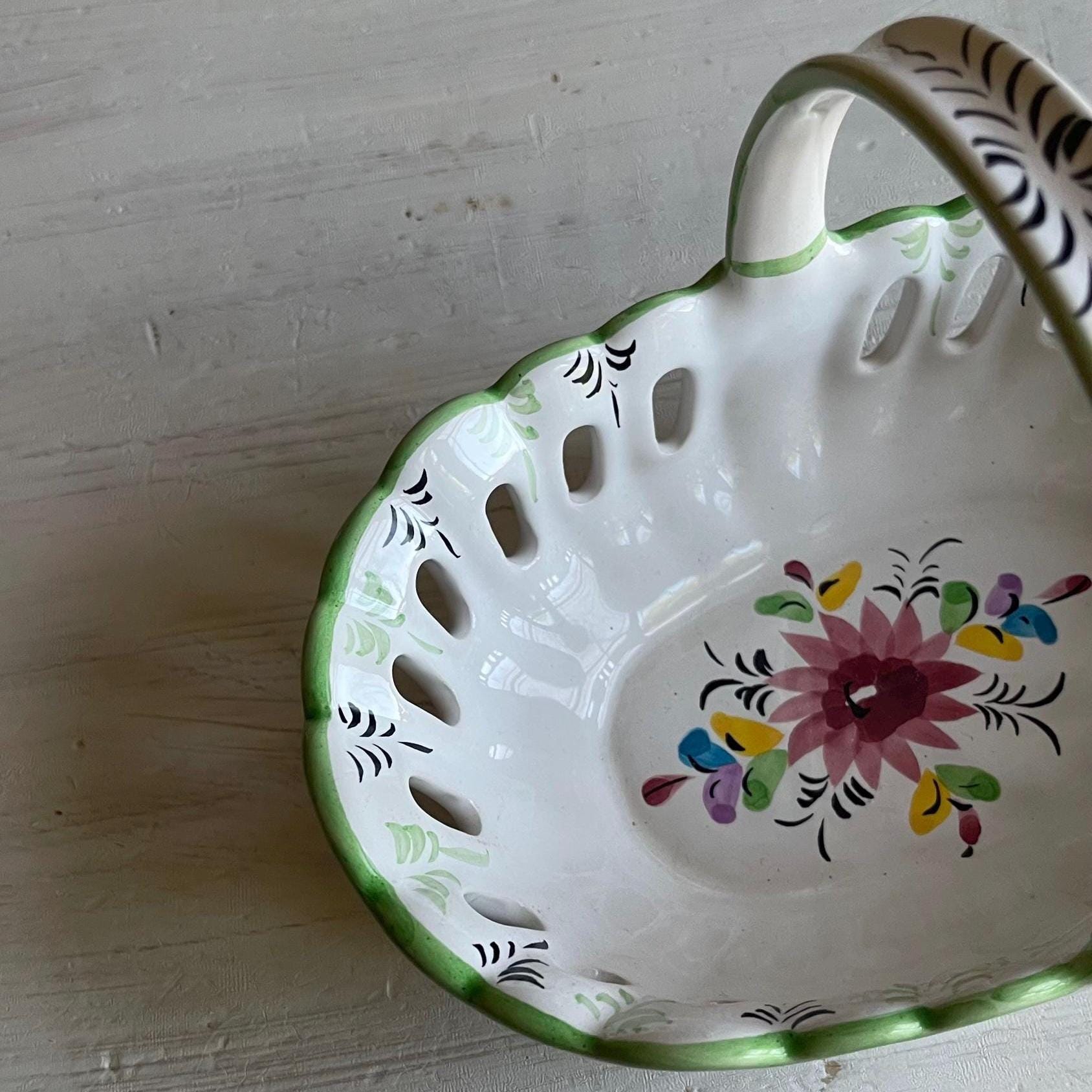 Vintage Portuguese Pottery Basket | Hand-Painted Ceramic Basket