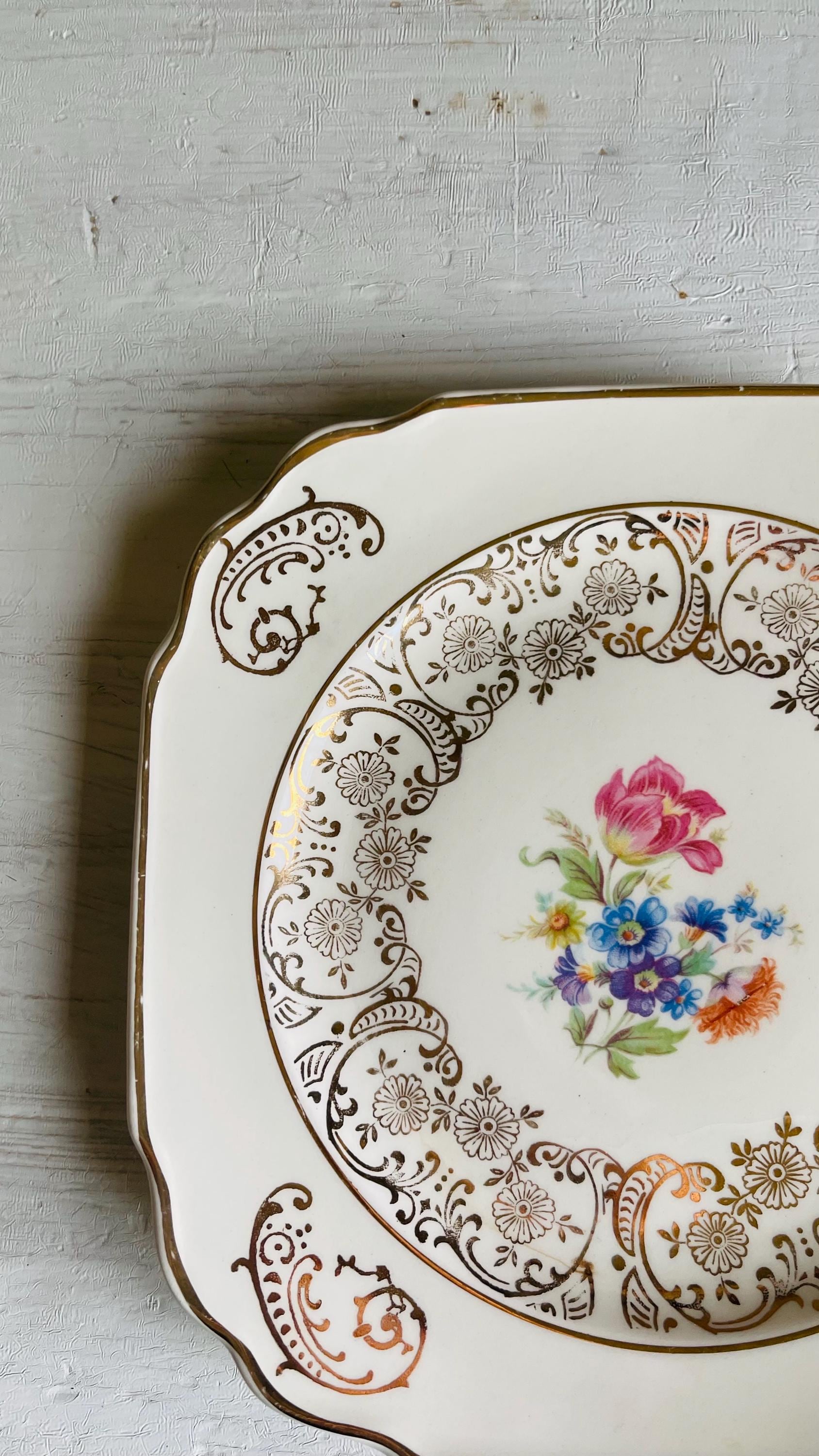 Vintage Kaulware 14K Gold Square Bread Plates Set of 4 | Floral Bouquet
