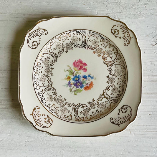 Vintage Kaulware 14K Gold Square Bread Plates Set of 4 | Floral Bouquet