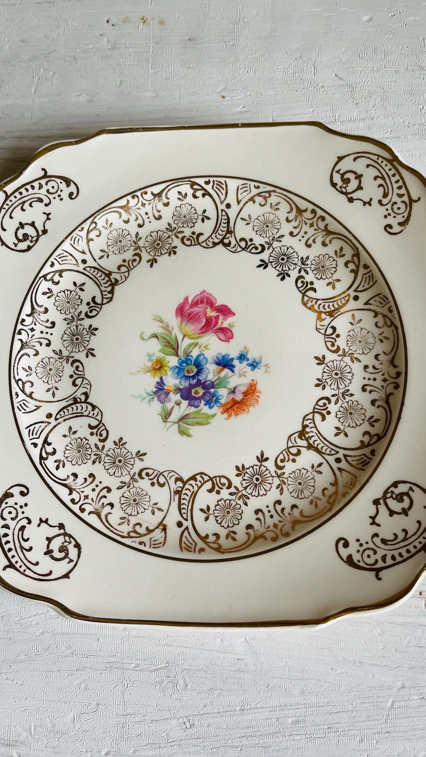Vintage Kaulware 14K Gold Square Bread Plates Set of 4 | Floral Bouquet