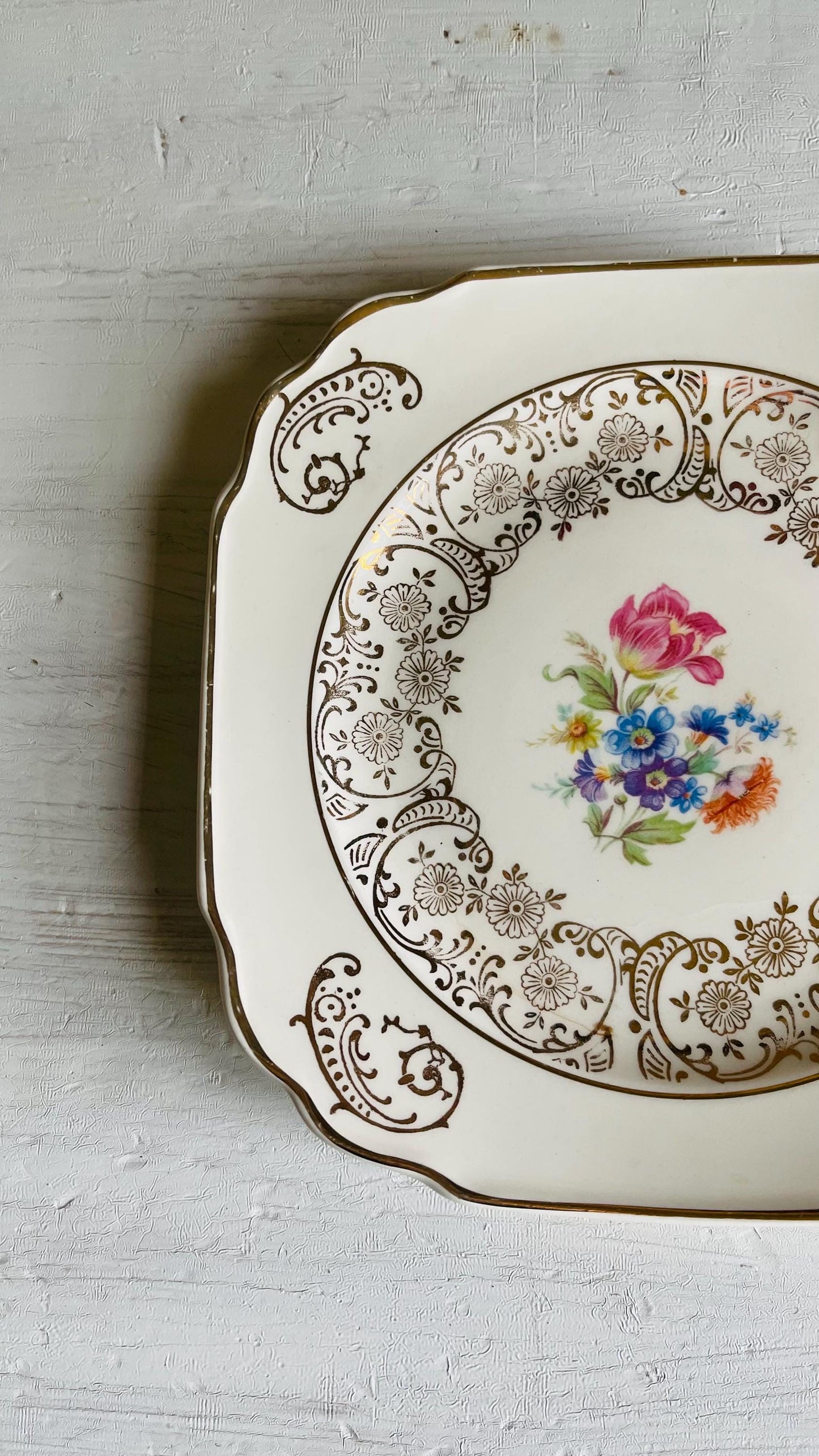Vintage Kaulware 14K Gold Square Bread Plates Set of 4 | Floral Bouquet