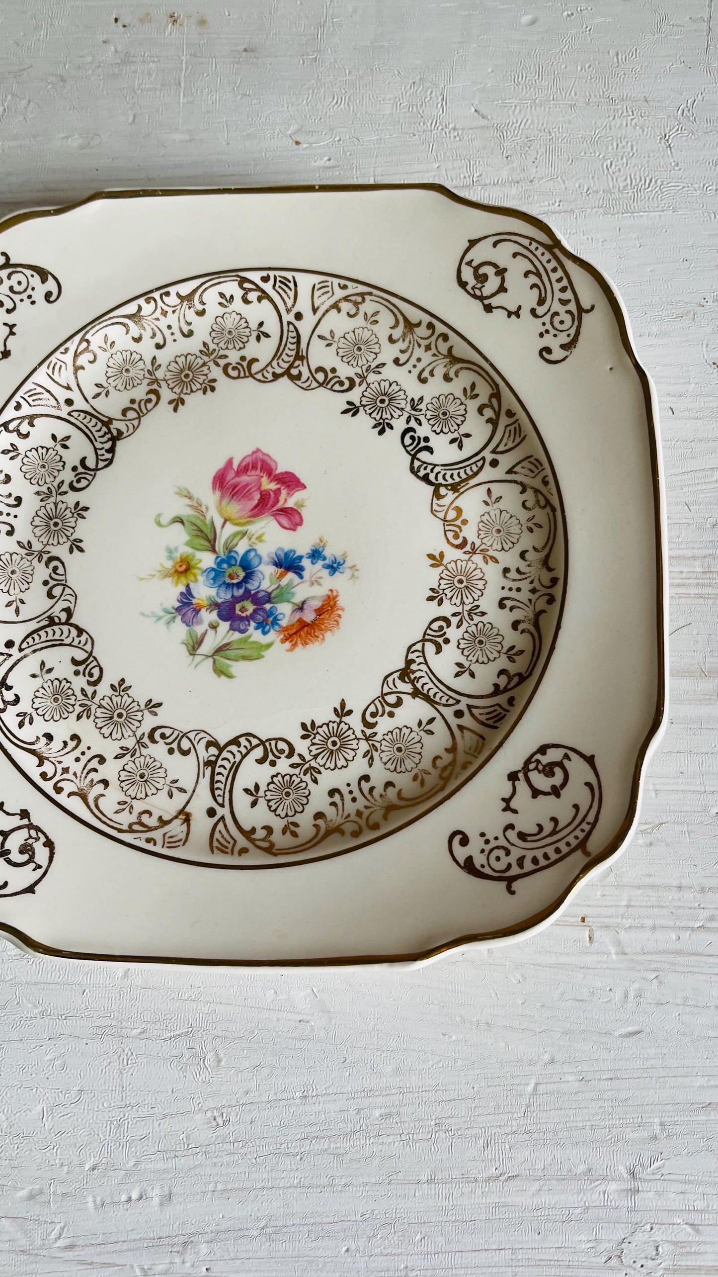 Vintage Kaulware 14K Gold Square Bread Plates Set of 4 | Floral Bouquet