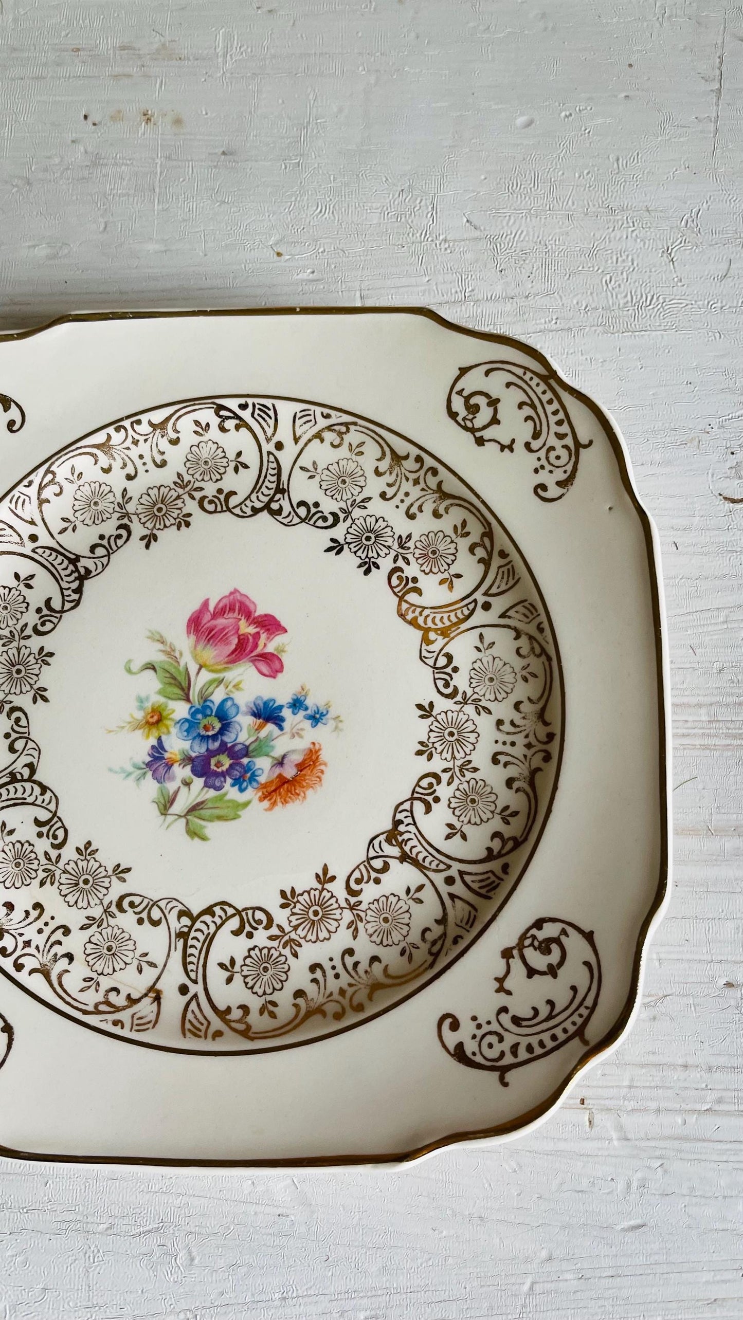 Vintage Kaulware 14K Gold Square Bread Plates Set of 4 | Floral Bouquet