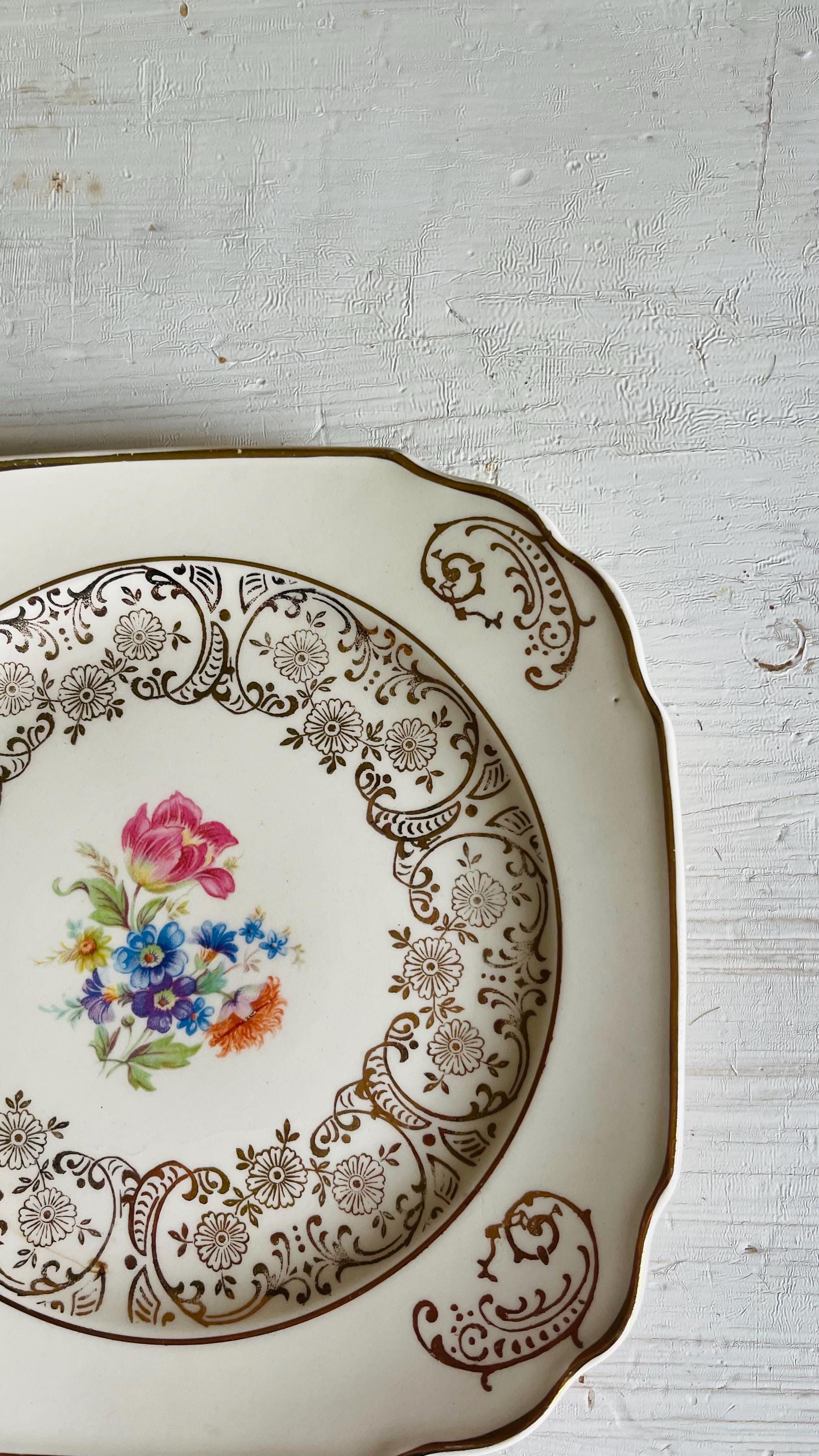 Vintage Kaulware 14K Gold Square Bread Plates Set of 4 | Floral Bouquet