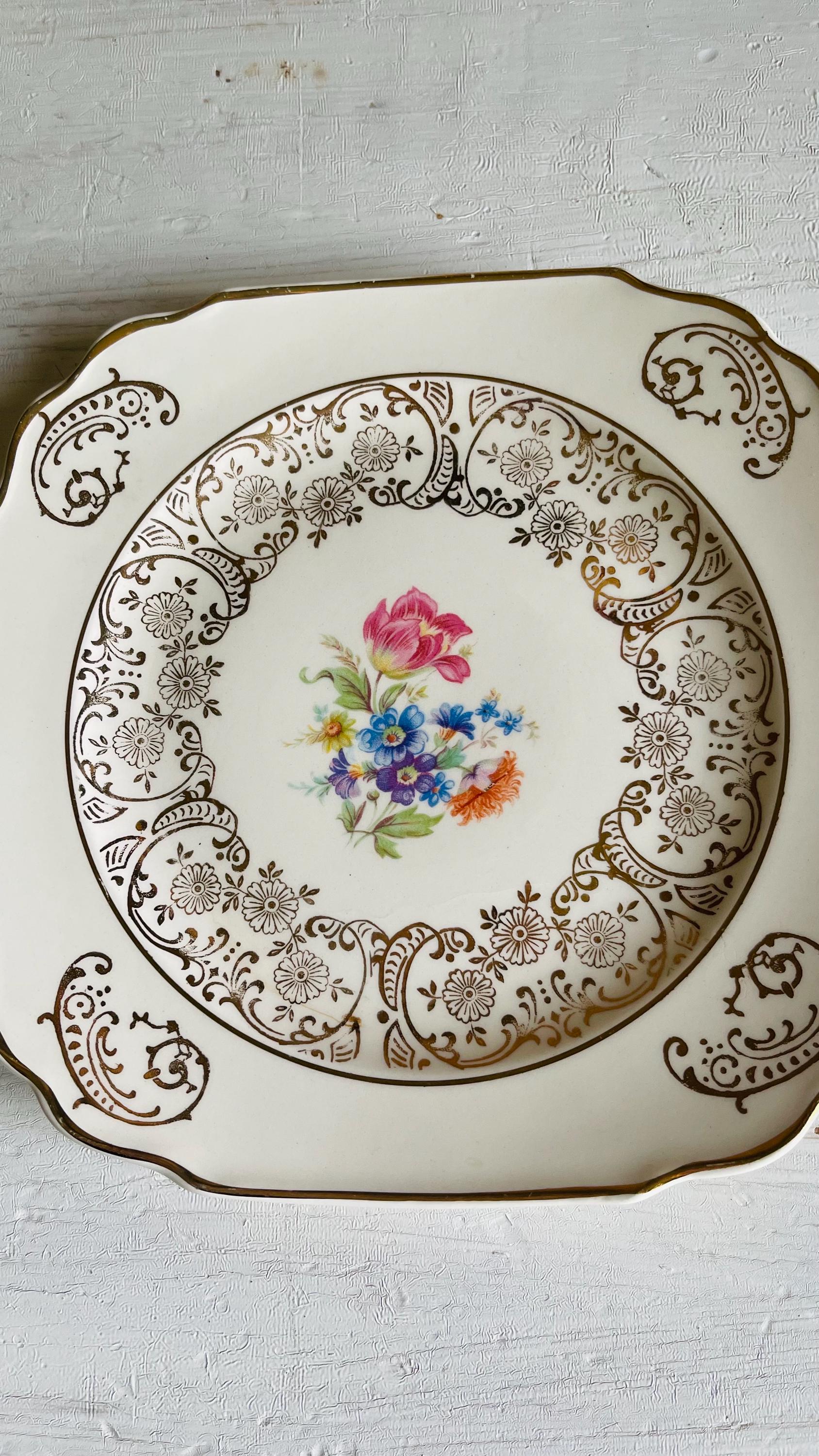 Vintage Kaulware 14K Gold Square Bread Plates Set of 4 | Floral Bouquet