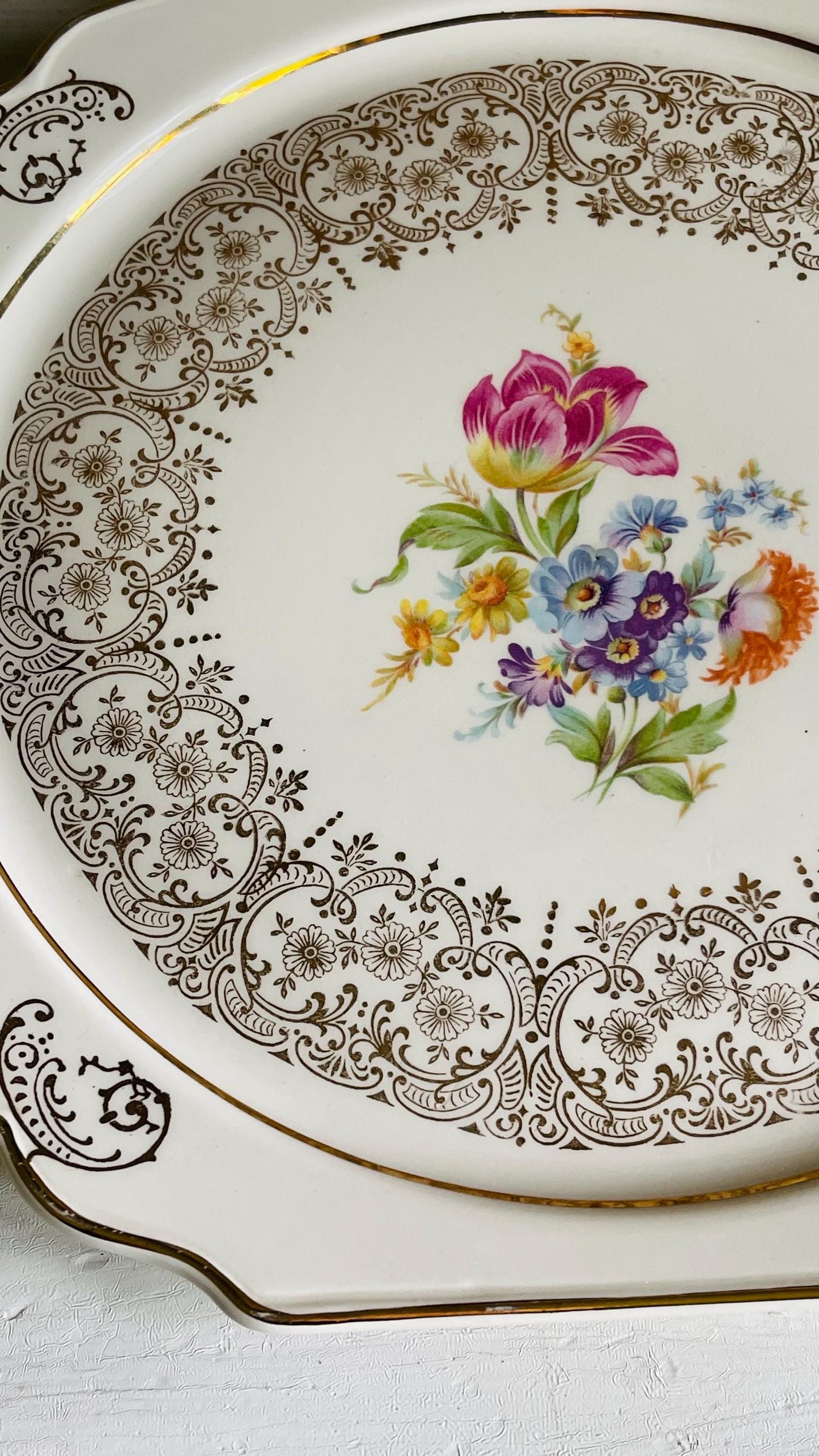 Vintage Kaulware 14K Gold Floral Bouquet Serving Platter | Gold Filigree China