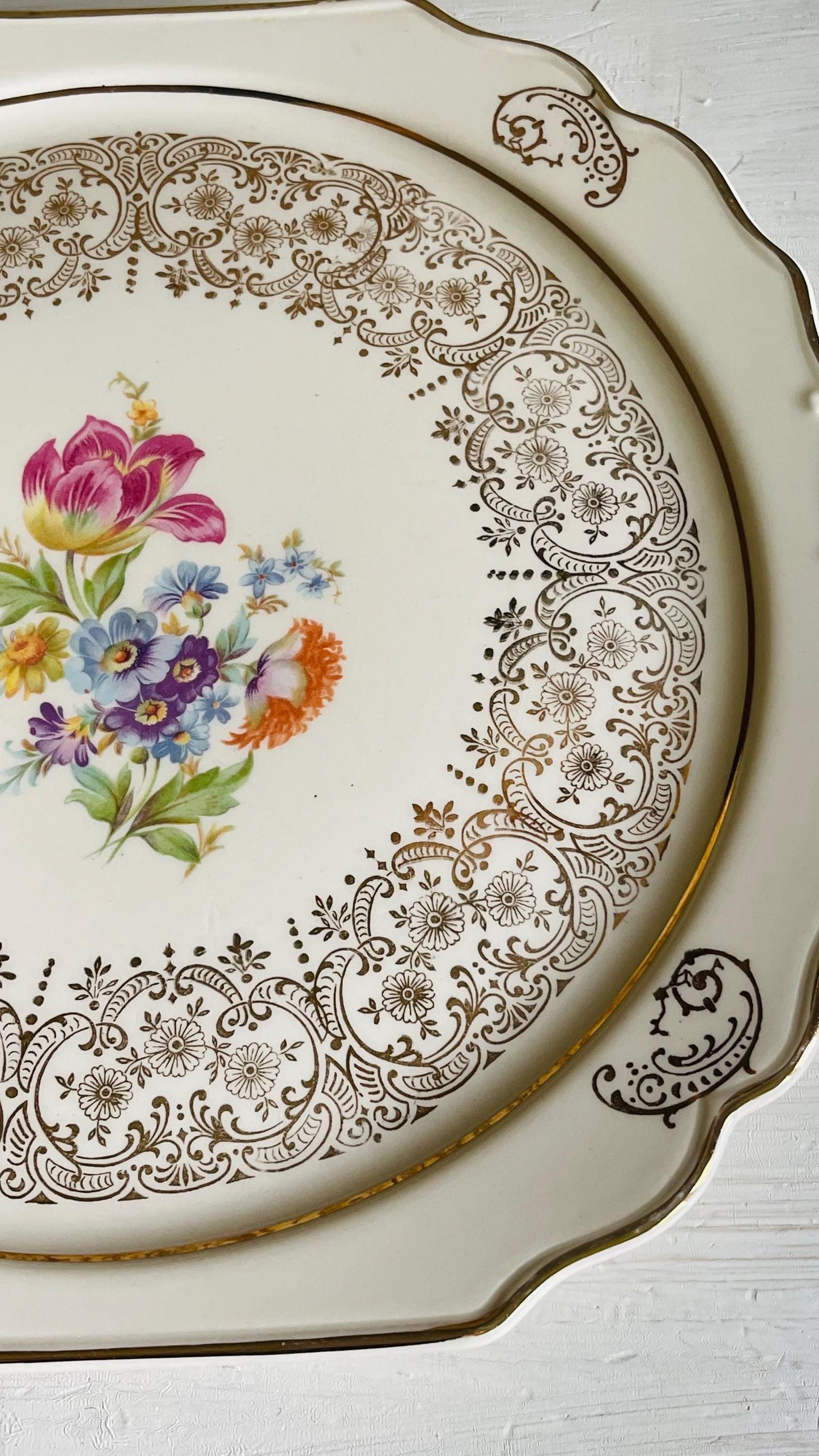 Vintage Kaulware 14K Gold Floral Bouquet Serving Platter | Gold Filigree China