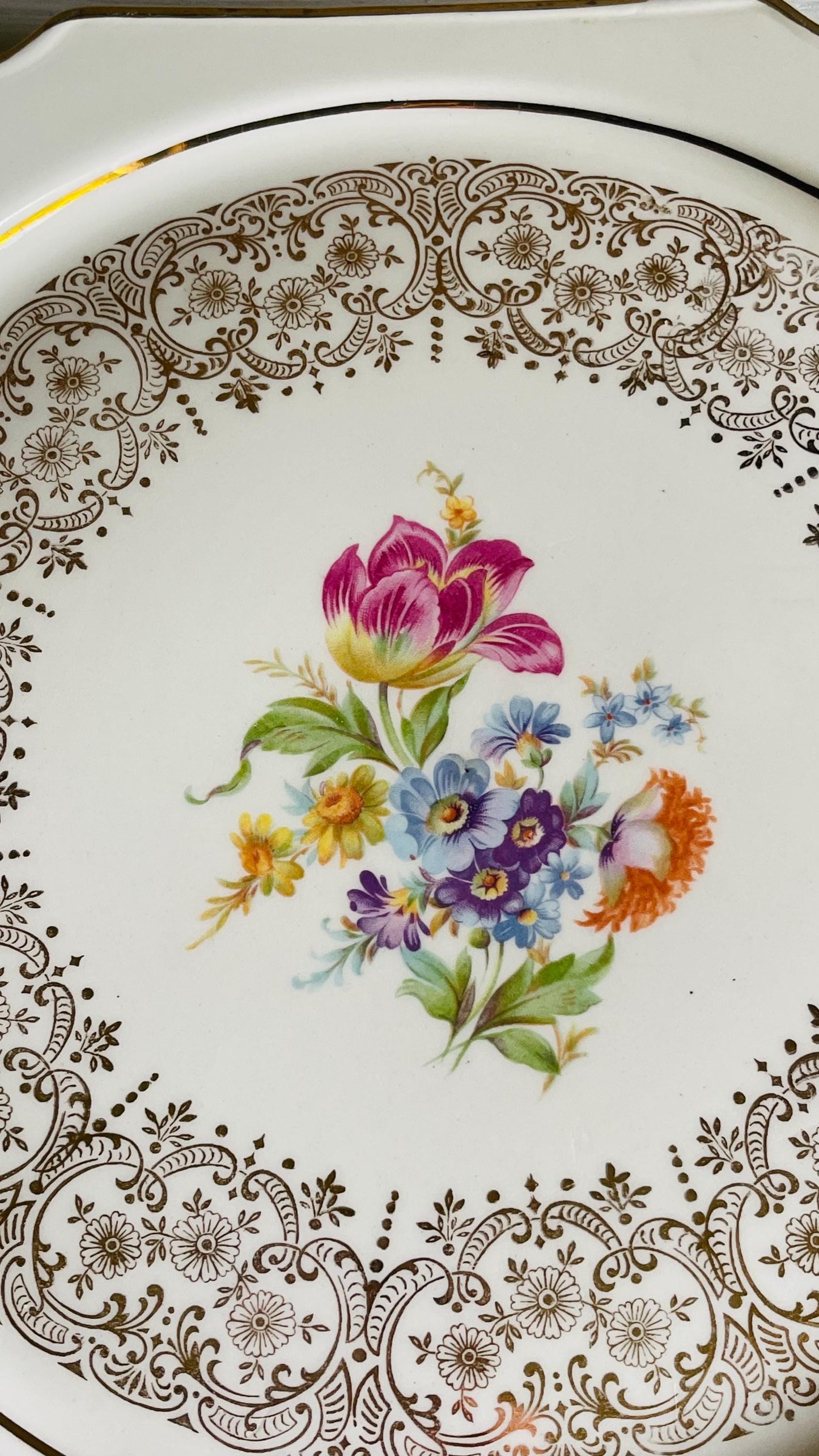 Vintage Kaulware 14K Gold Floral Bouquet Serving Platter | Gold Filigree China