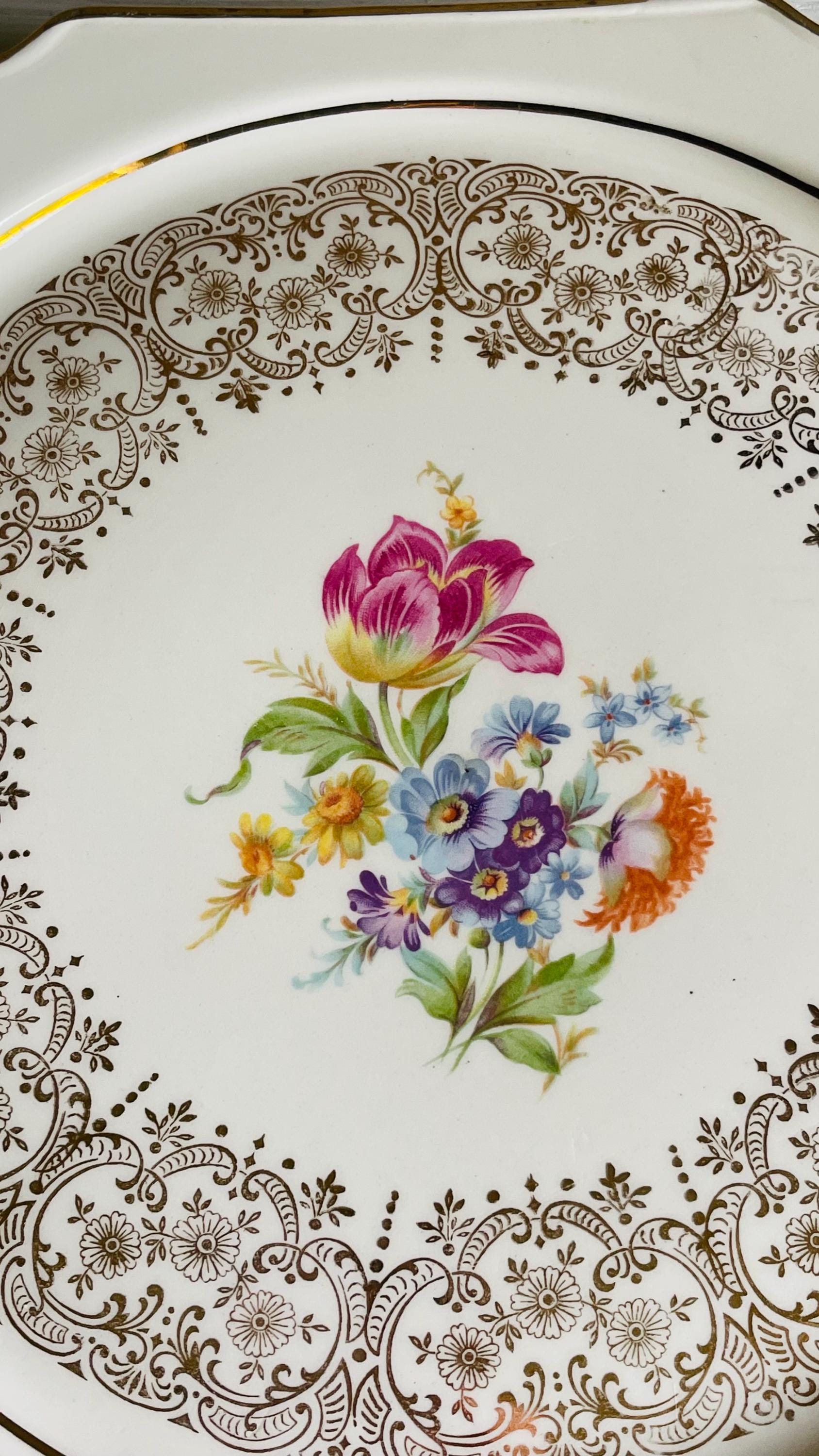 Vintage Kaulware 14K Gold Floral Bouquet Serving Platter | Gold Filigree China