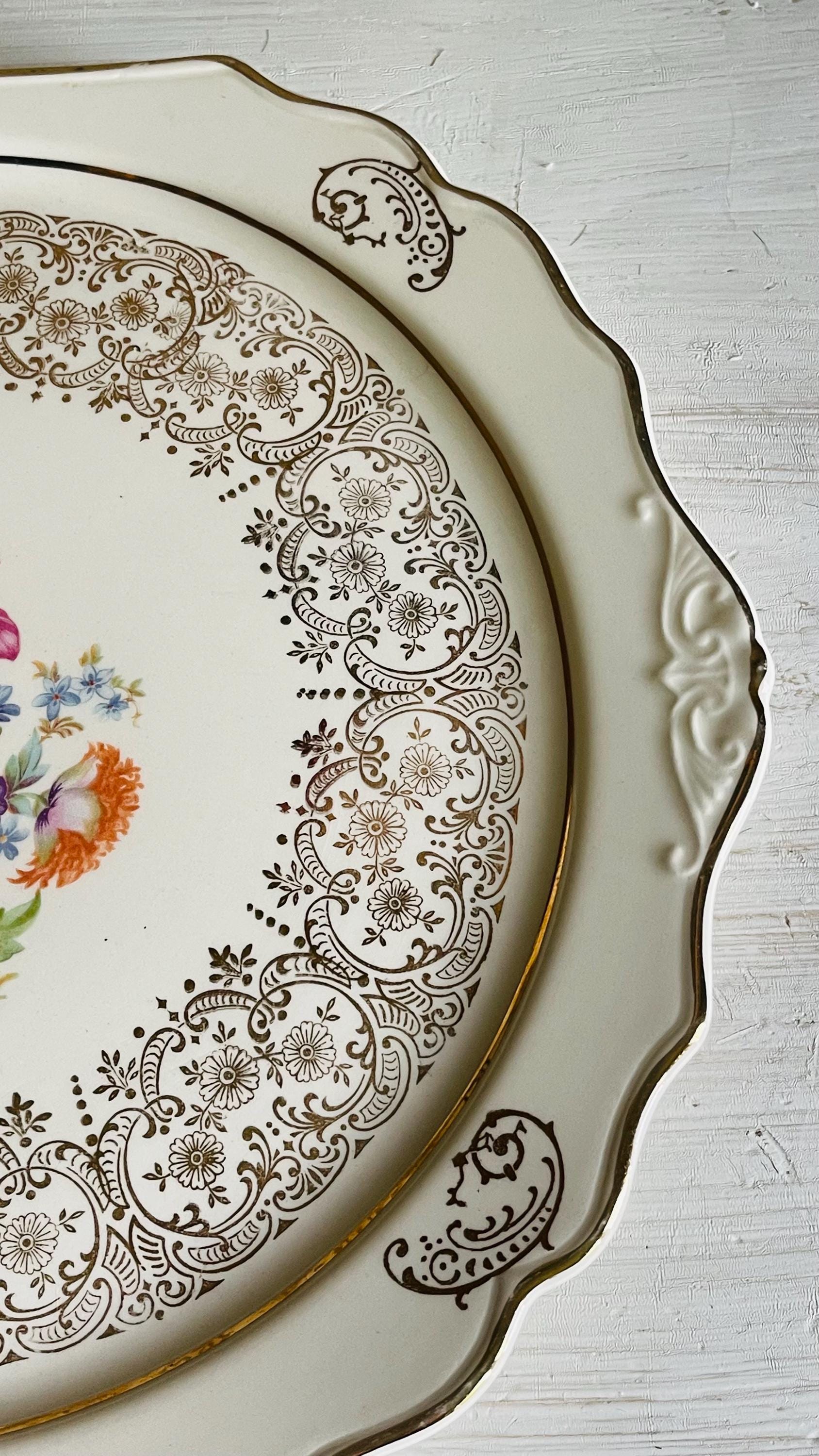 Vintage Kaulware 14K Gold Floral Bouquet Serving Platter | Gold Filigree China