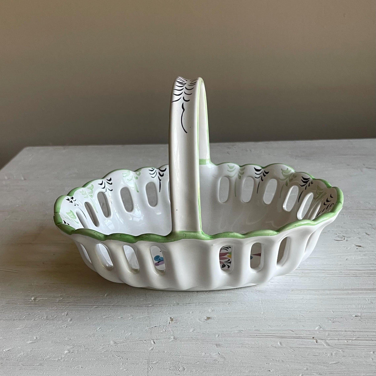 Vintage Portuguese Pottery Basket | Hand-Painted Ceramic Basket
