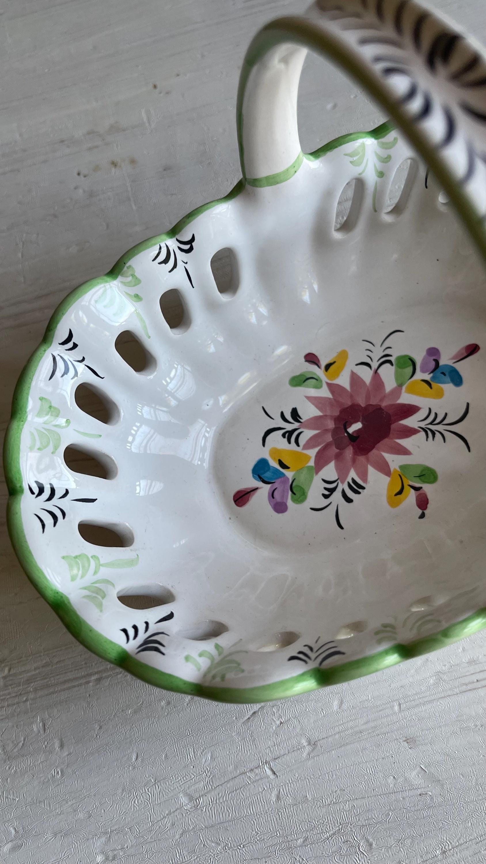 Vintage Portuguese Pottery Basket | Hand-Painted Ceramic Basket