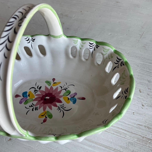 Vintage Portuguese Pottery Basket | Hand-Painted Ceramic Basket