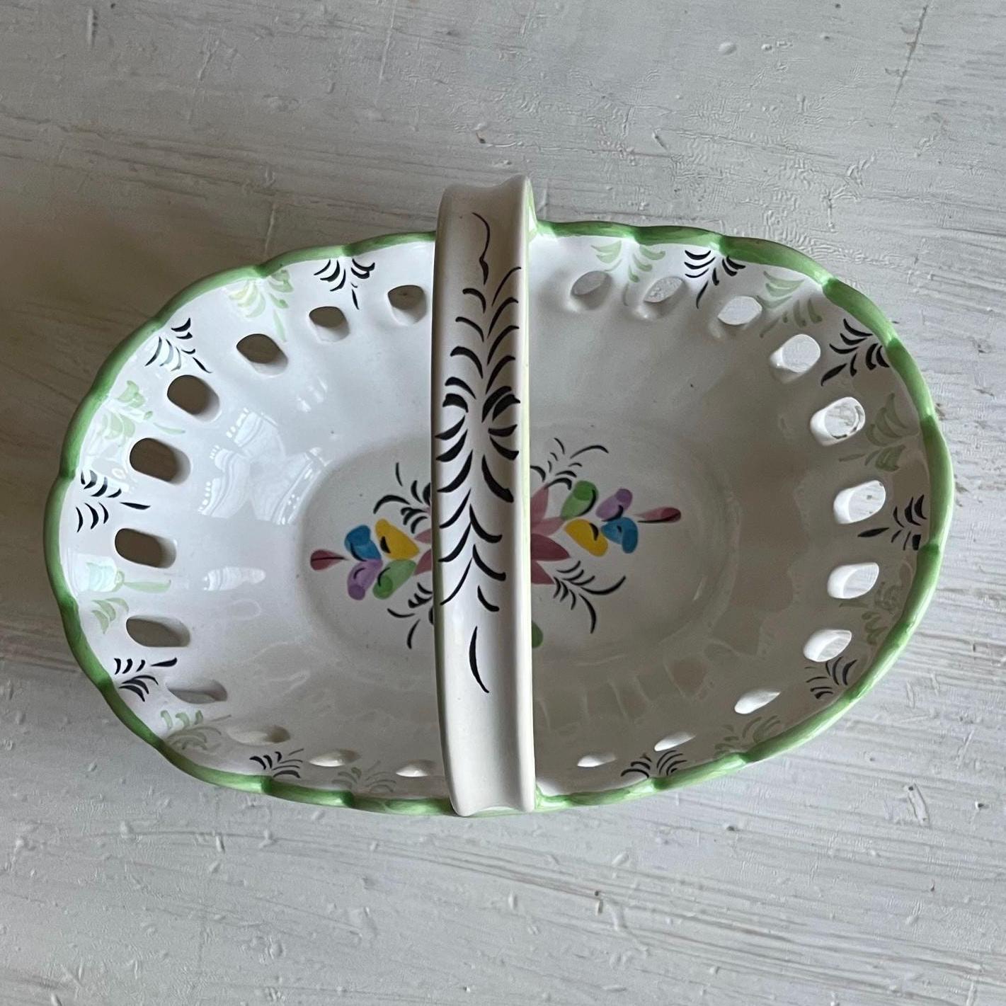 Vintage Portuguese Pottery Basket | Hand-Painted Ceramic Basket