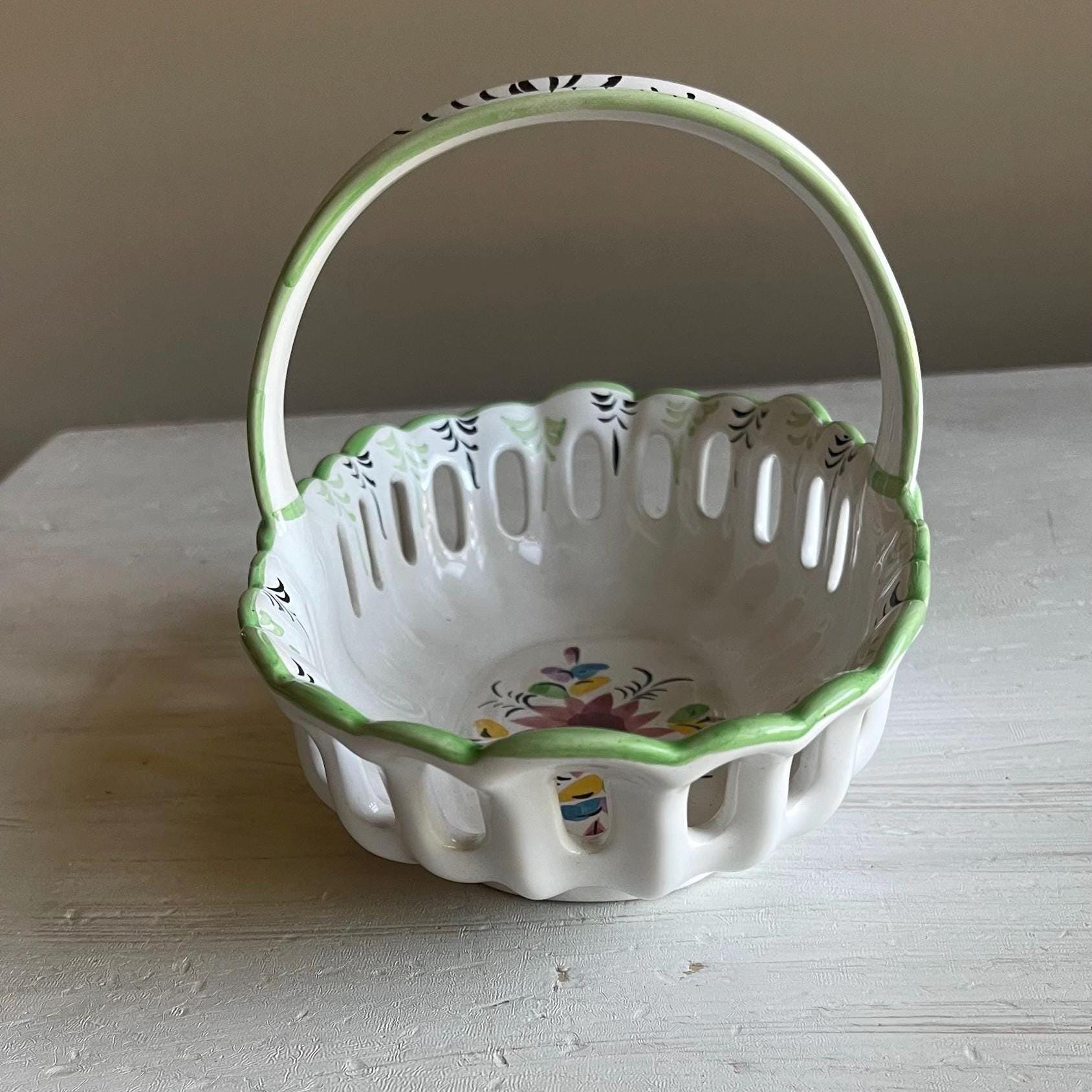 Vintage Portuguese Pottery Basket | Hand-Painted Ceramic Basket
