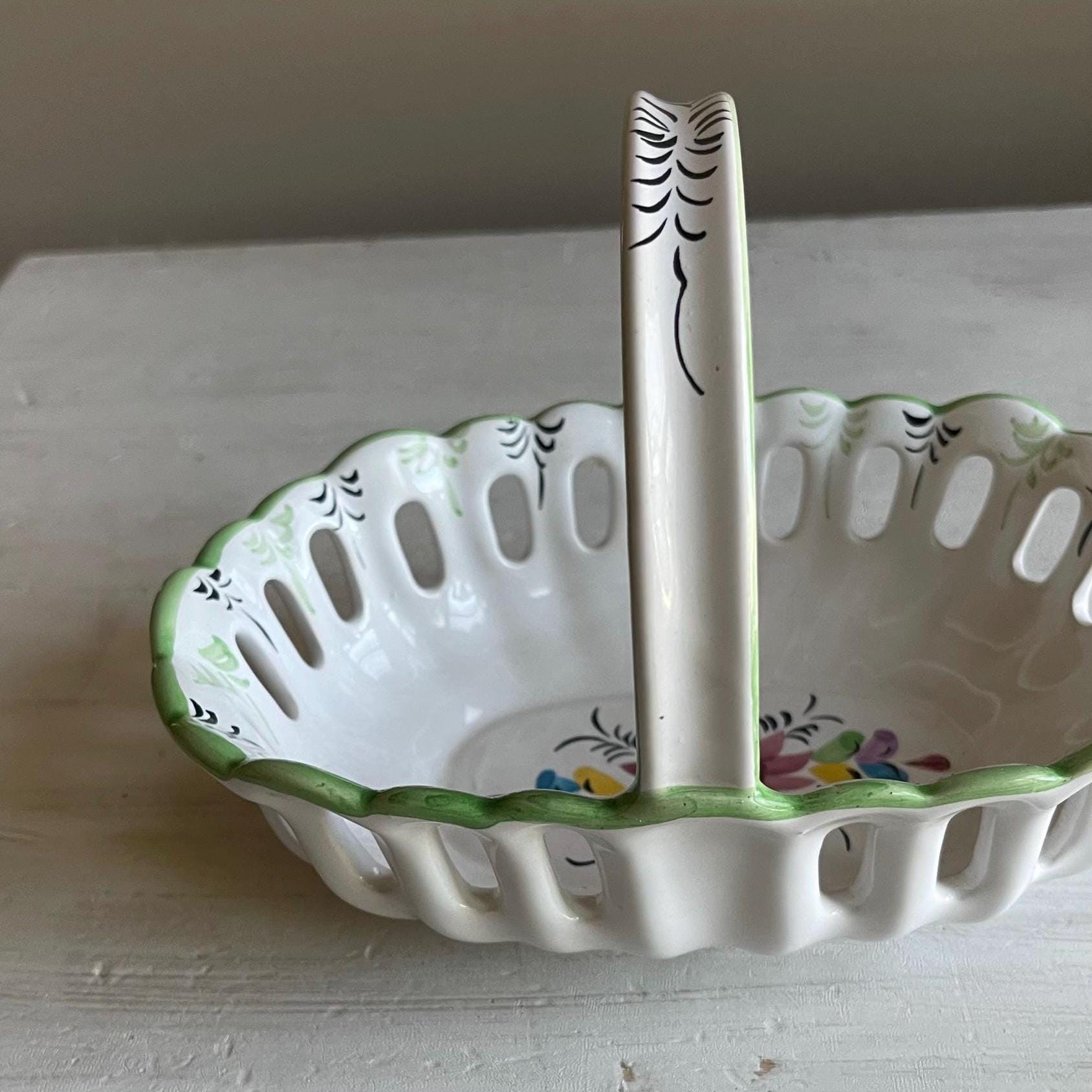 Vintage Portuguese Pottery Basket | Hand-Painted Ceramic Basket