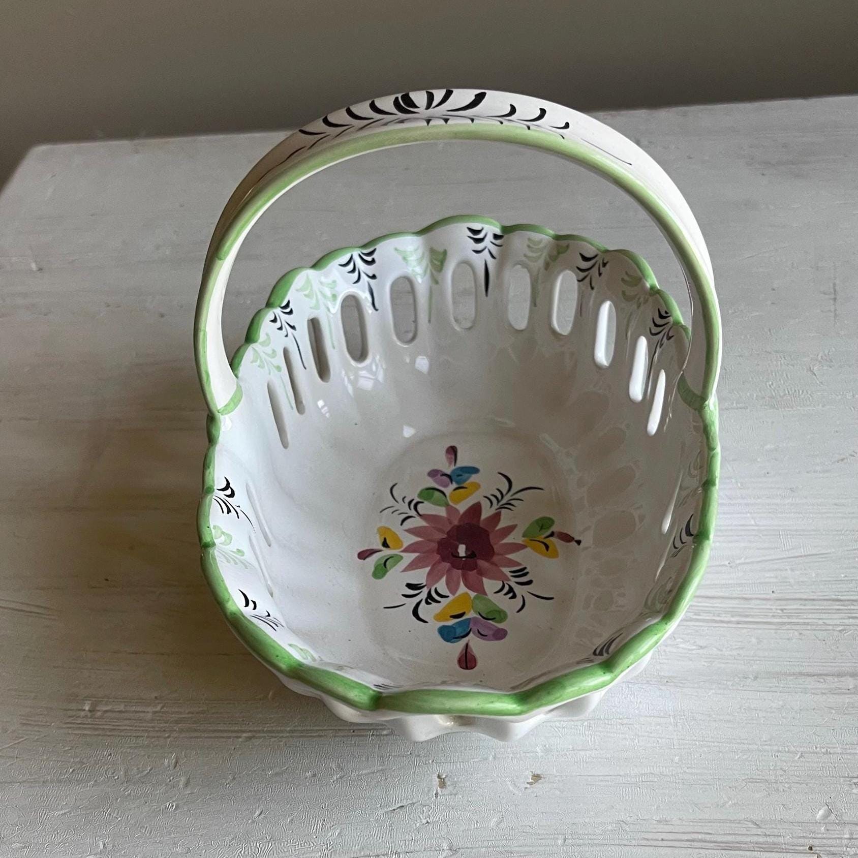 Vintage Portuguese Pottery Basket | Hand-Painted Ceramic Basket