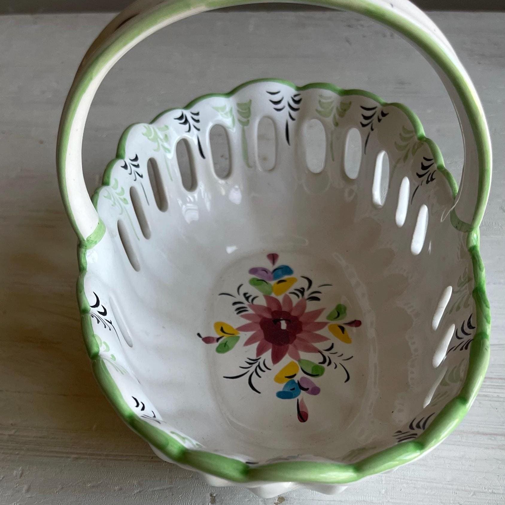 Vintage Portuguese Pottery Basket | Hand-Painted Ceramic Basket