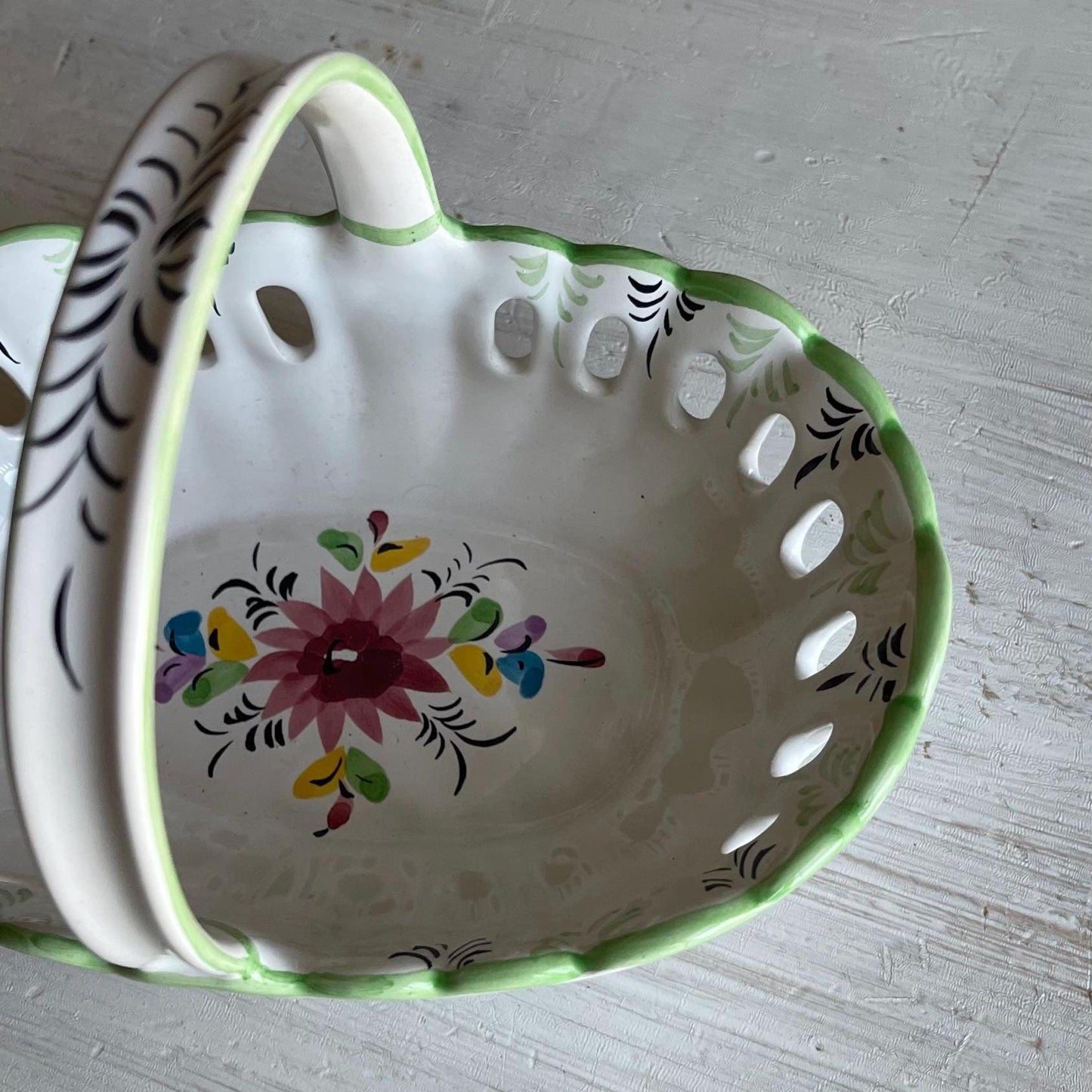 Vintage Portuguese Pottery Basket | Hand-Painted Ceramic Basket