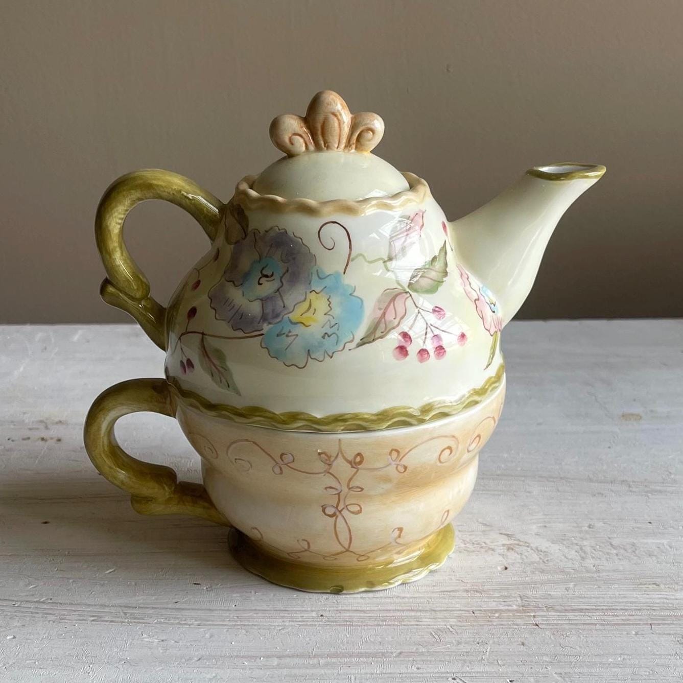 Vintage Tracy Porter 3-Piece Stacking Tea for One Set | Hand-Painted Floral Teapot & Cup