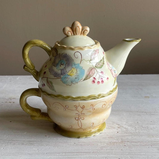 Vintage Tracy Porter 3-Piece Stacking Tea for One Set | Hand-Painted Floral Teapot & Cup