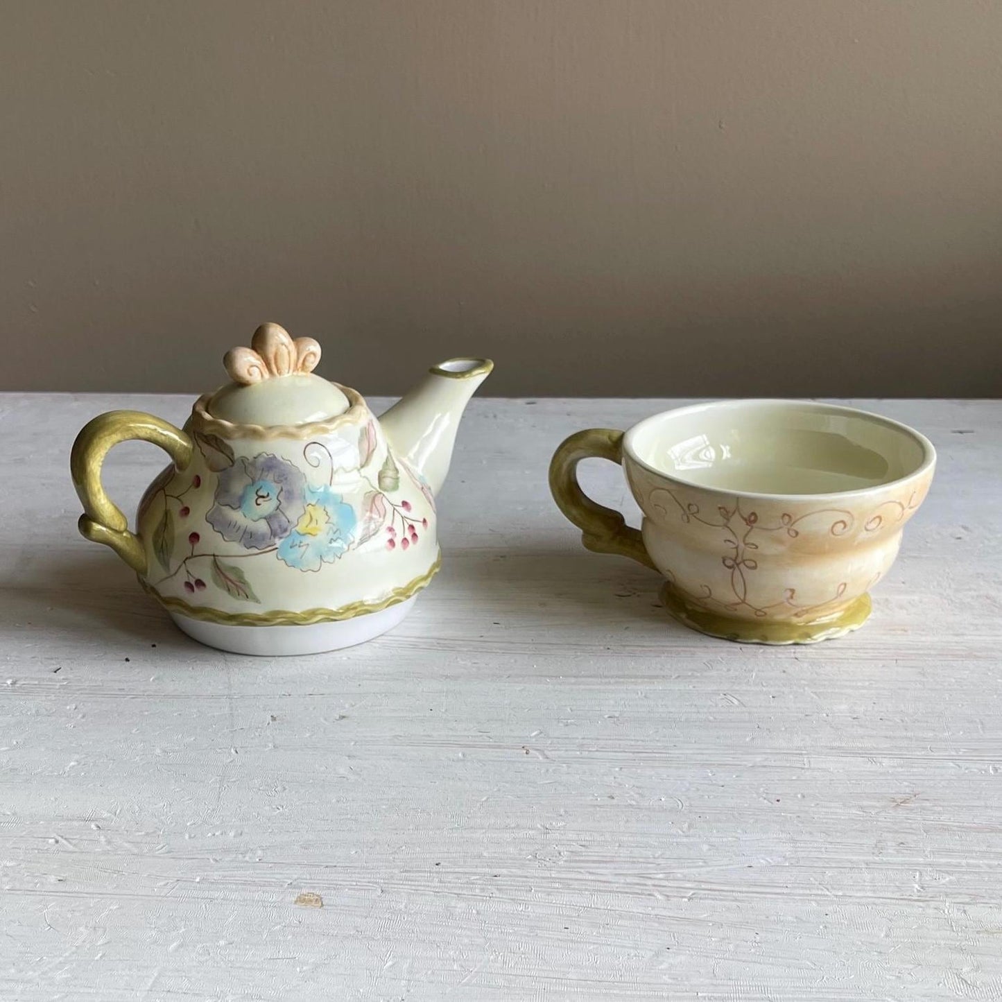 Vintage Tracy Porter 3-Piece Stacking Tea for One Set | Hand-Painted Floral Teapot & Cup