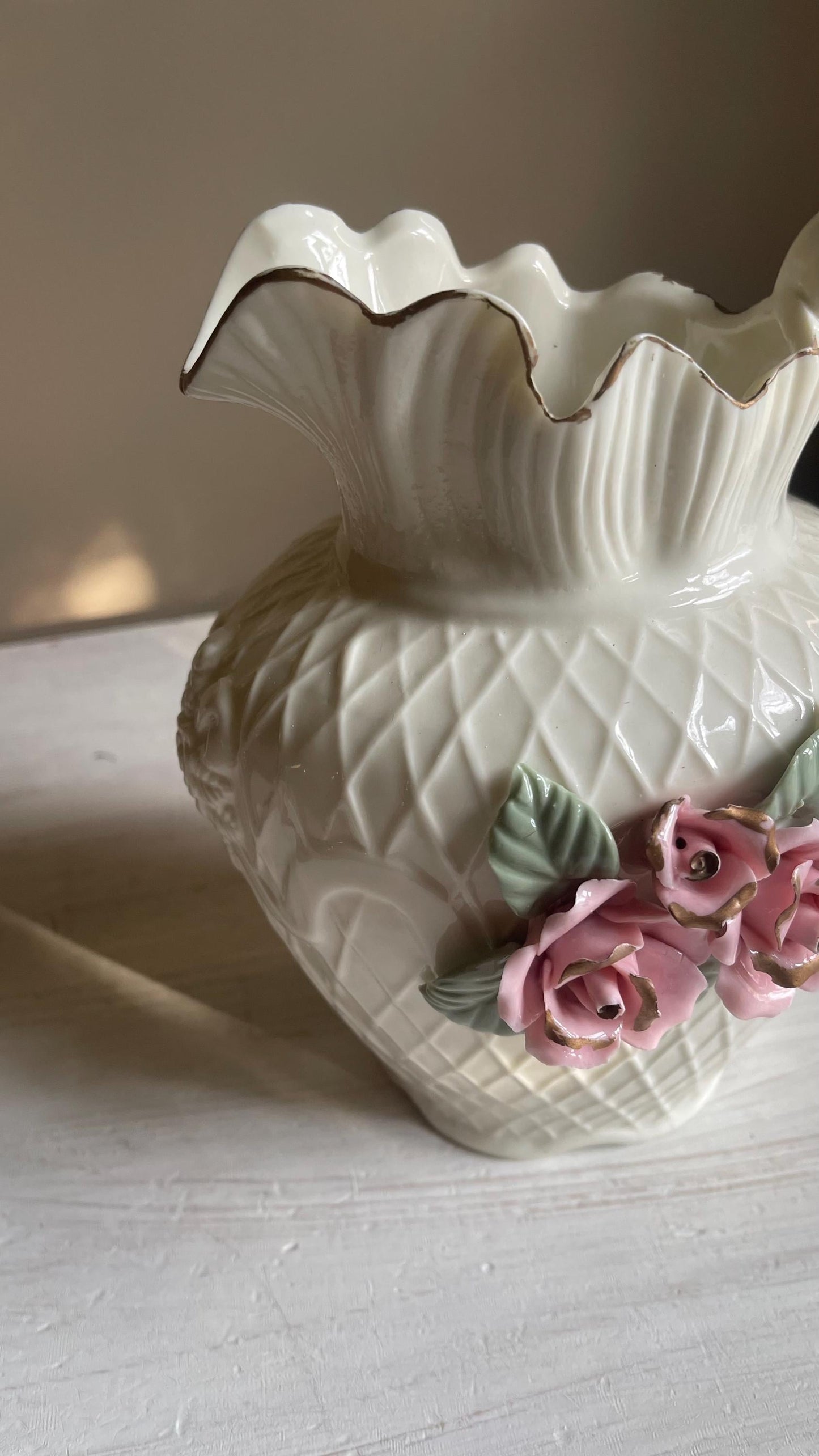 Vintage White Porcelain Lattice Pitcher - 3D Applied Roses