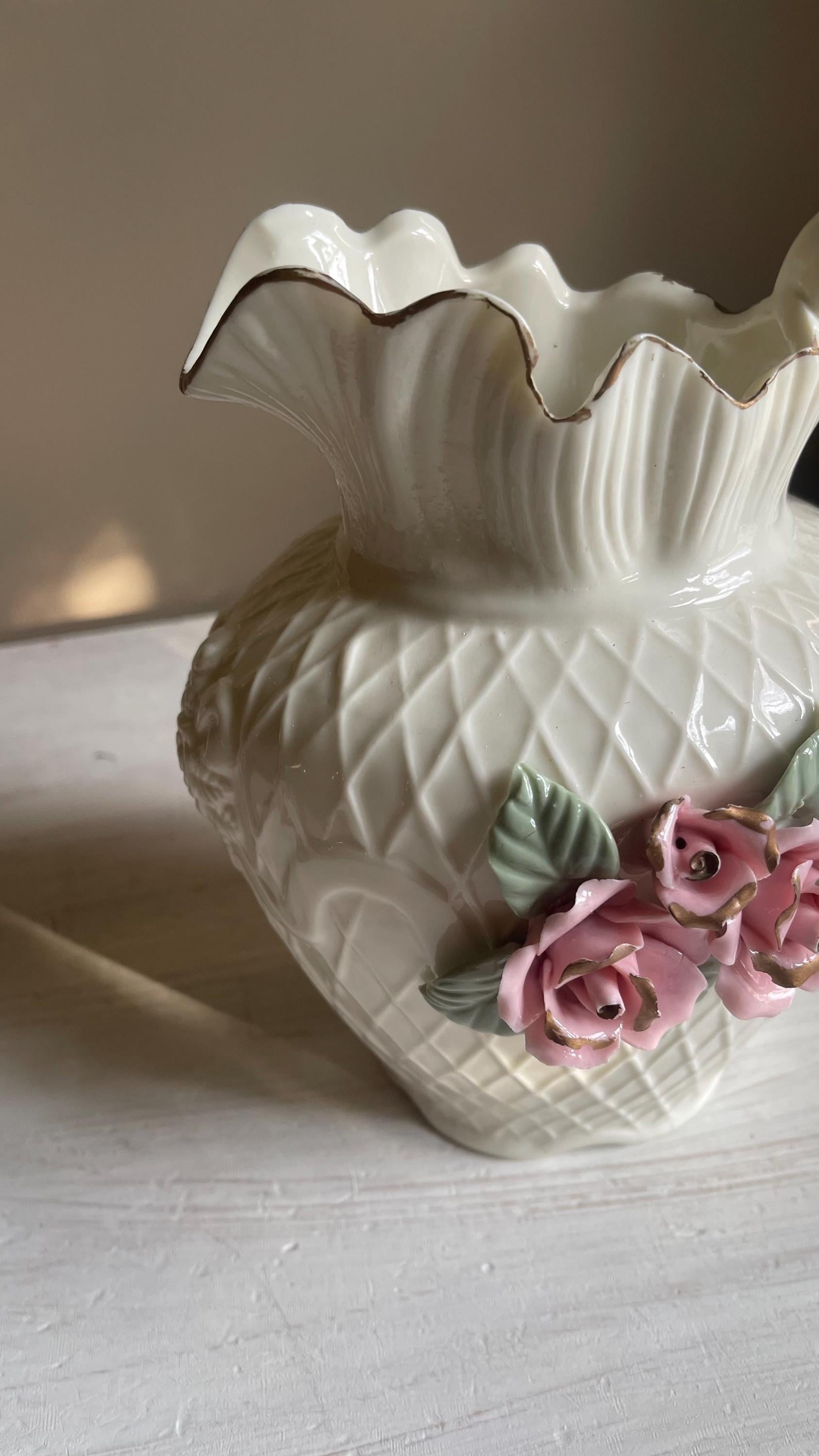 Vintage White Porcelain Lattice Pitcher - 3D Applied Roses