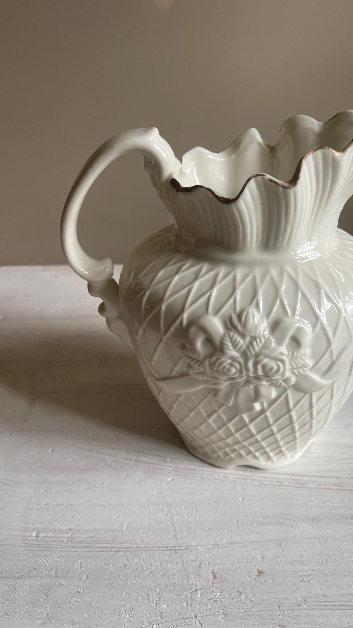 Vintage White Porcelain Lattice Pitcher - 3D Applied Roses