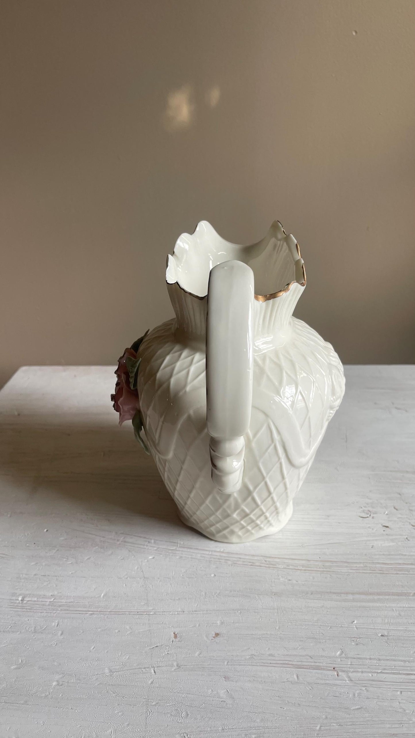 Vintage White Porcelain Lattice Pitcher - 3D Applied Roses