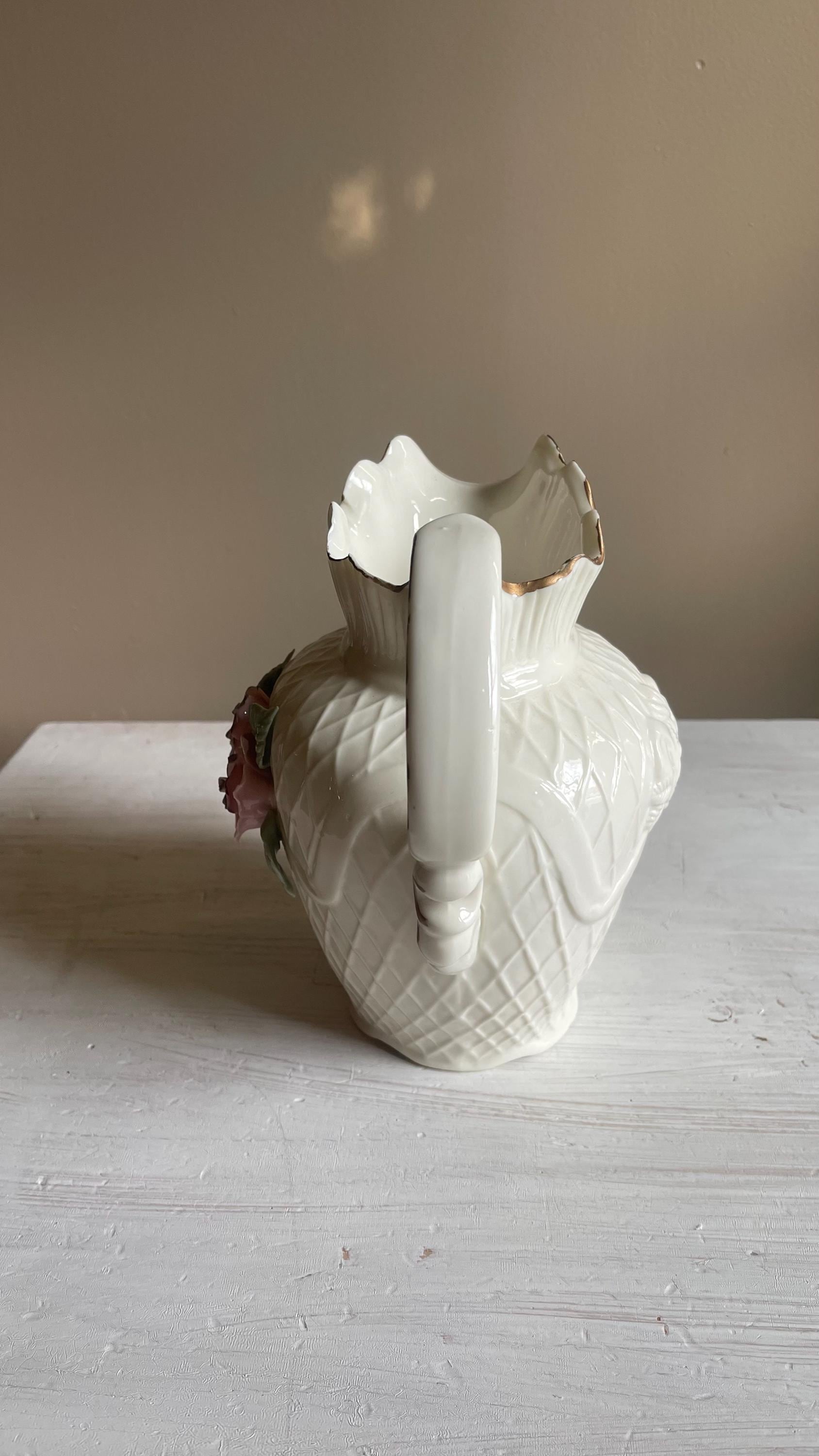 Vintage White Porcelain Lattice Pitcher - 3D Applied Roses