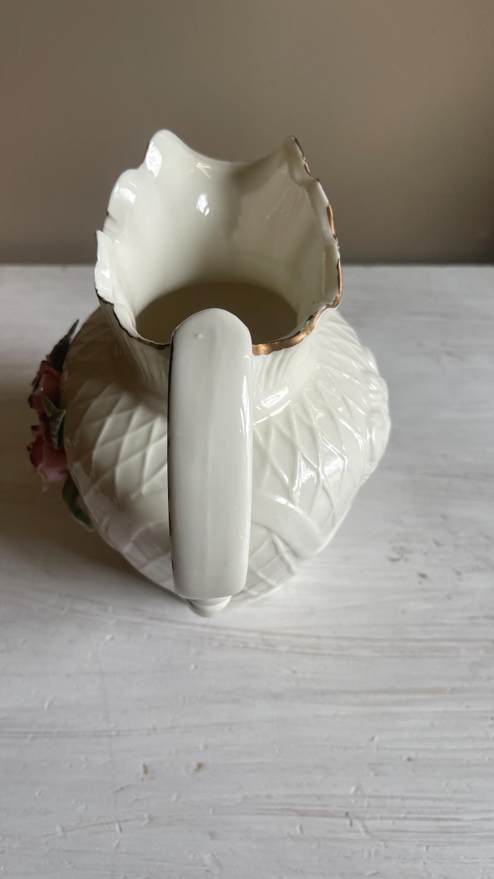 Vintage White Porcelain Lattice Pitcher - 3D Applied Roses